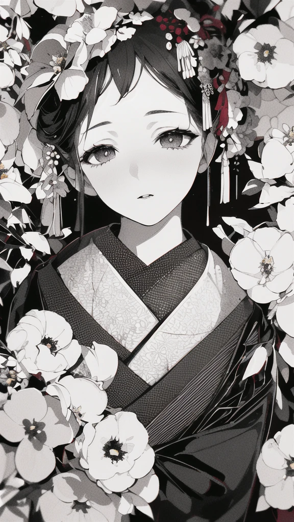 {{{{masterpiece}}}}, {{{Super detailed}}}, {{{High resolution}}}, {{Excellent anatomy}}, (((highest quality))), ((Very delicate and beautiful)), {{Very detailed and delicate}}, {8k CG wallpaper}, {{figure}}, (Grayscale on a colored background:0.8), (Black and white background:1.1), (Flowers:1.2), (chromatic aberration:1.2), Mature Woman, (One girl:1), alone, Oiran, (kimono:1.2), (Pale face:1.2), Medium chest, Urgent 1,