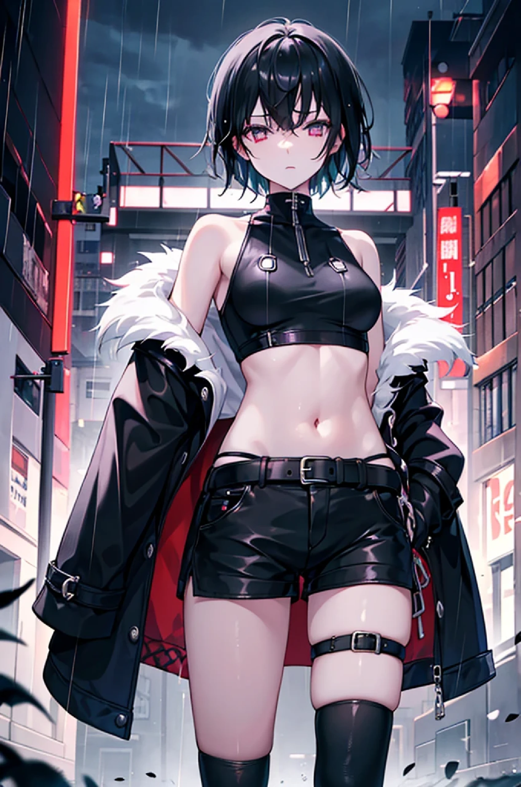 female、1 person、adult、The Lonely Strong Man、Black Hair、Short Hair、beautiful、Sharp Eyes、floating々and attitude、Confused eyes、Condescending to people、Dangerous Persons、arrogance、quiet、evil、evil meaning、Expressionless、Indifference、Dangerous aroma、Outlaw、gang、criminal、Those who cannot、night、darkness、dark、Neon Street、Getting wet in the rain、Rough style、Expose bare skin、Belly button、Open the chest、Shoulder、Jacket、Shorts、belt