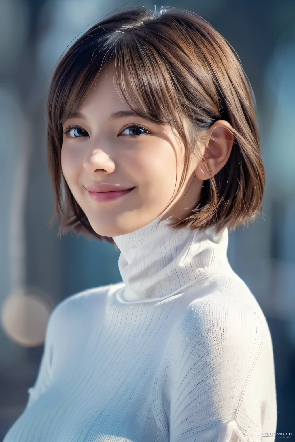1girl in, (white Turtleneck:1.2), (Raw photo, Best Quality), (Realistic, Photorealsitic:1.4), masutepiece, Extremely delicate and beautiful, Extremely detailed, 2k wallpaper, amazing, finely detail, the Extremely Detailed CG Unity 8K Wallpapers, Ultra-detailed, hight resolution, Soft light, Beautiful detailed girl, extremely detailed eye and face, beautiful detailed nose, Beautiful detailed eyes, Short hair, Cinematic lighting, Winter scene, Perfect Anatomy, Slender body, Smiling
INFO camisole