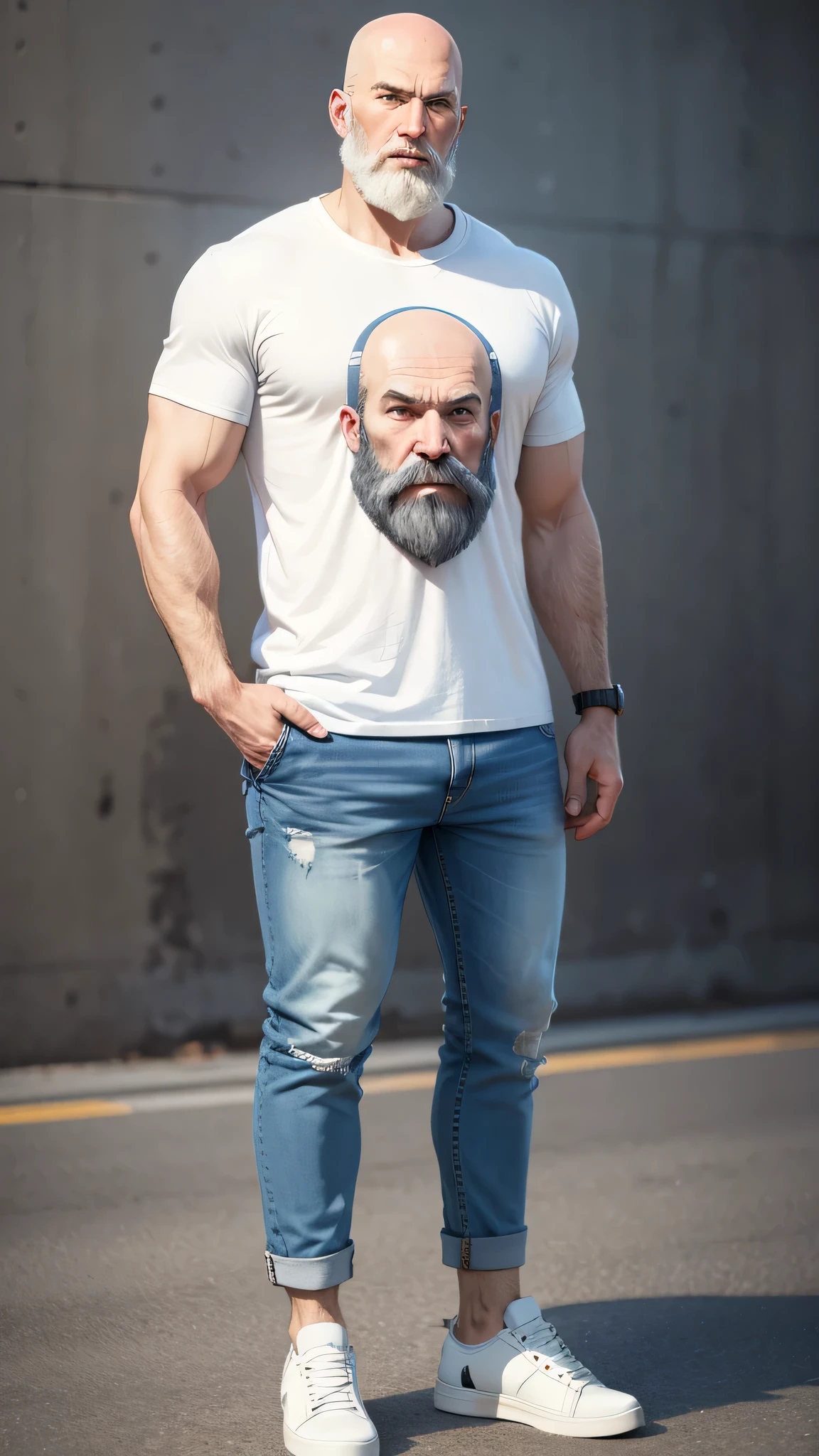 Bald white beard, man character, T-shirt and jeans white shoos, Cool standing, high detailed face eye
