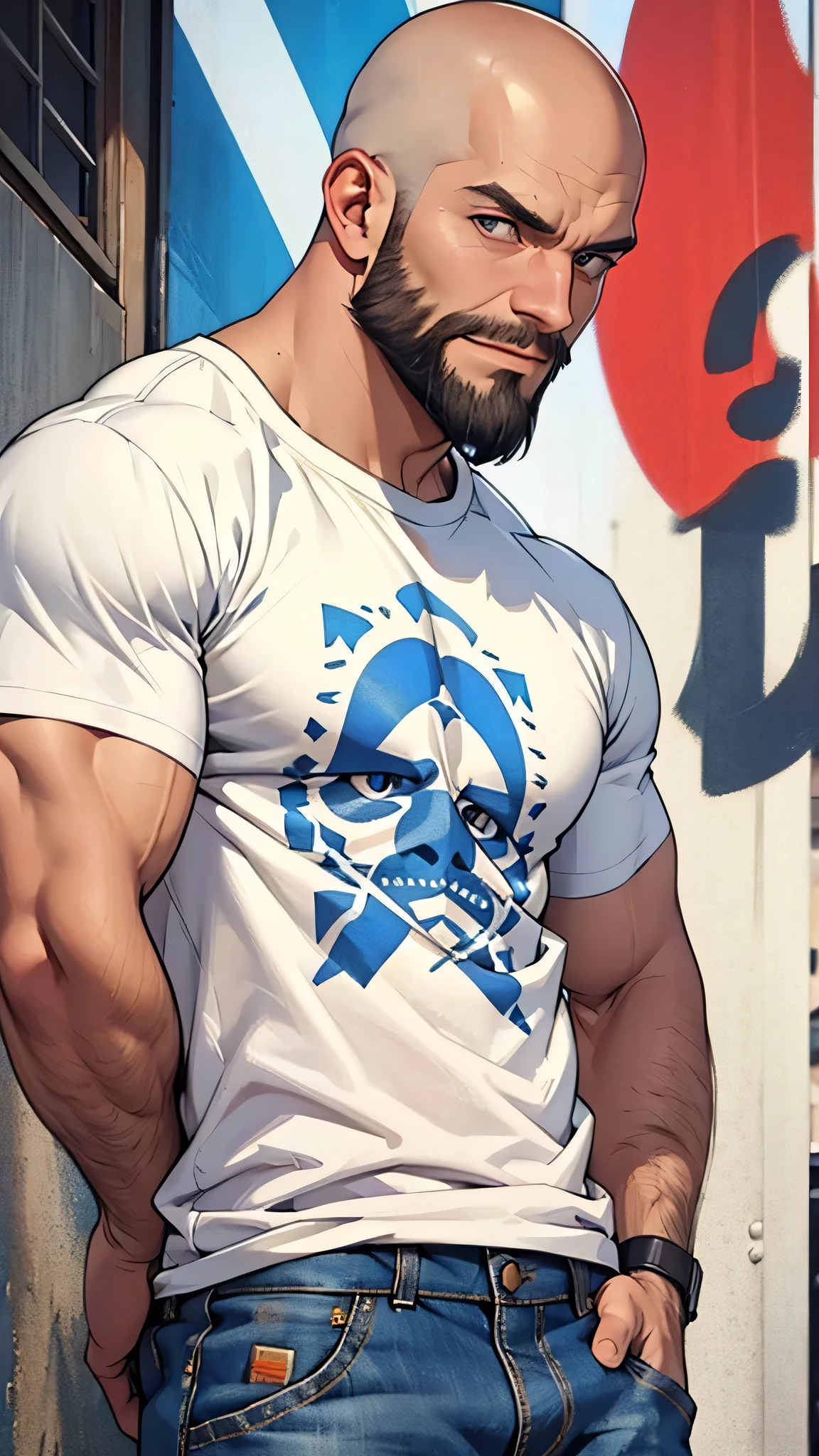 Bald white beard, man character, T-shirt and jeans white shoos, high detailed face eye