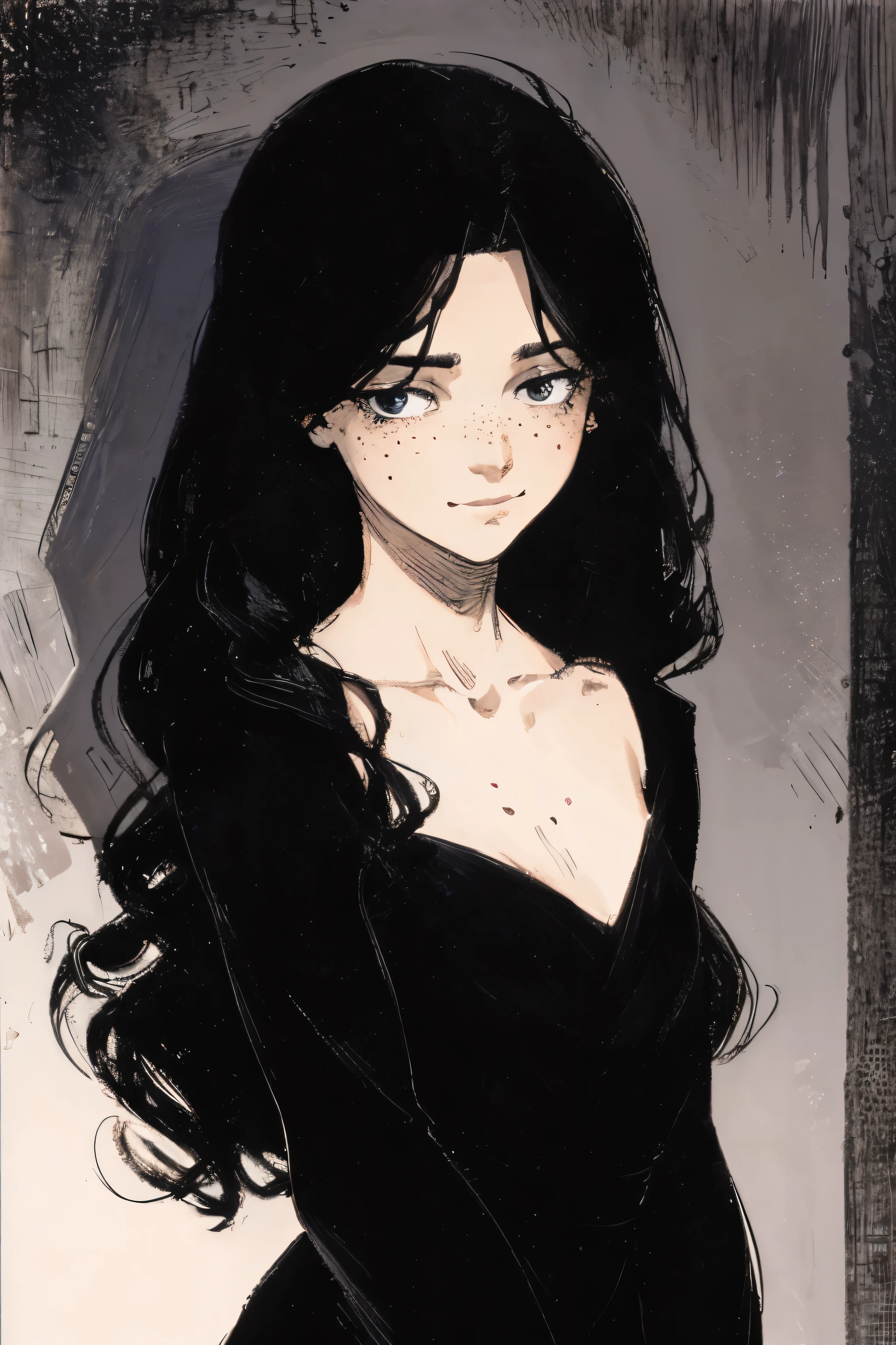 line-art, manga, girl, mono-color, no lower eyelids, straight eye-lines, straight upper lids, thinnest and narrowest and longest eyes, sharp face, very thin face, rough-drawn eyes, very long face, extremely fluffy and curly and loose black hair, European classic puff-sleeve long-neck dress with ruff, simple long black one-piece dress, simply drawn eye, straight cheeks, cold droopy eyes, eerie face, shadow on half of her face, her hair almost cover her eyes, detailed eyelashes, eye is located lower on face, wide chin, freckles, droopy eyes, long neck