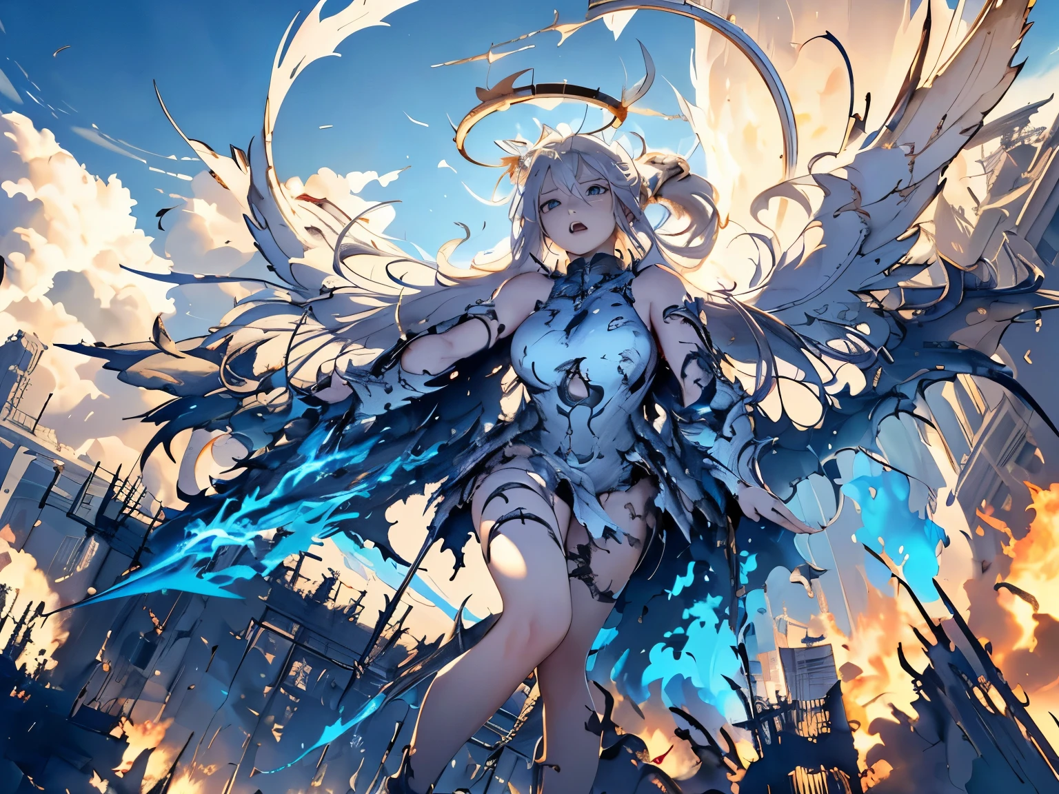 destroyed city, (100 meter tall huge goddess floating, emits light from all over the body, lost pupils, last judgment, blue flame), weapon, aerial angle from below, braid, open legs, (((halo)))