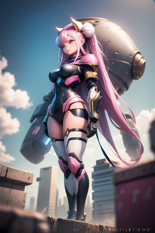 (very good, Professional, Surreal), Skyscrapers rising from the ground,Forming a spectacular future cityscape. centered in picture, A huge and impressive robot mecha girl stands tall. The pink metal shell shines, She is wearing a black bodysuit, masterpiece, highest quality, High resolution, {Detailed and beautiful eyes}, finely, Detailed and beautiful eyes,1 Girl, (alone:1.5), (Hair Ribbon:0.4), Pink Eyes,Cinematic Angles,perspective,White bun hair,long pink hair,