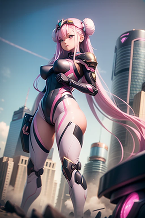 (very good, Professional, Surreal), Skyscrapers rising from the ground，Forming a spectacular future cityscape. centered in picture, A huge and impressive robot mecha girl stands tall. The pink metal shell shines, She is wearing a black bodysuit, masterpiece, highest quality, High resolution, {Detailed and beautiful eyes}, finely,  Detailed and beautiful eyes,1 Girl, (alone:1.5),  (Hair Ribbon:0.4), Pink Eyes,Cinematic Angles,perspective,White bun hair,long pink hair,