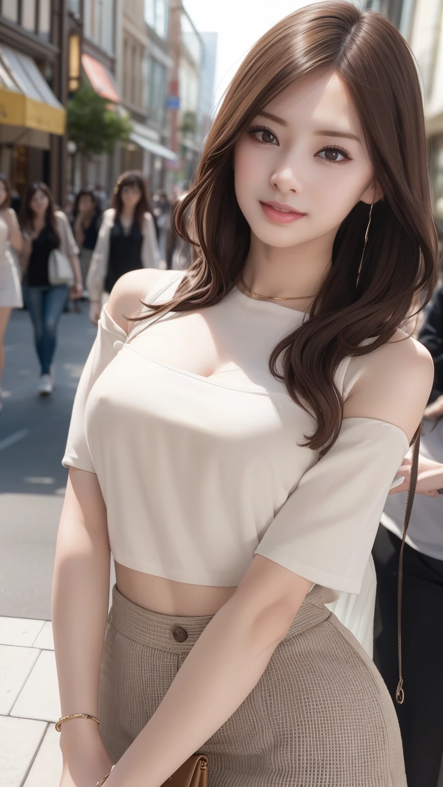 Photorealistic、Realistic、highest quality、Natural Lip、Fair skin、Great light、Beautiful lighting、Parted bangs、((Brown Hair))、Off the shoulder、Big cleavage、White crop top、mini skirt、Gorgeous Accessories、Harajuku、Cute Smile、Crowds in the city