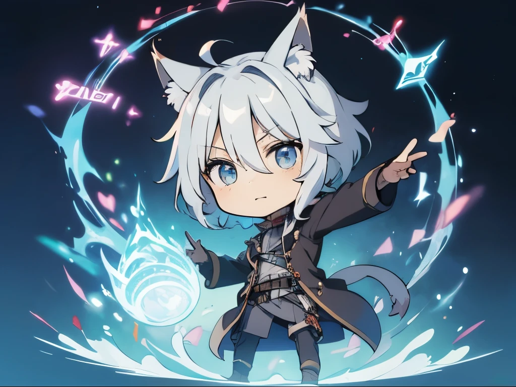 (chibi:1.3)，full body，toe，chibi character，masterpiece, A world where magic and technology coexist, Cat Eared Man(Gray Hair, short hair) ，boy，Hone your skills，Go on a journey to uncover the secrets of power, Beautiful Eyes、depicted in detail. The magician makes the most of the potential of his abilities...、We must learn how to unlock the true potential of modern magic，masterpiece, man with cat ears，gray hair, short hair)，depicted in detail，