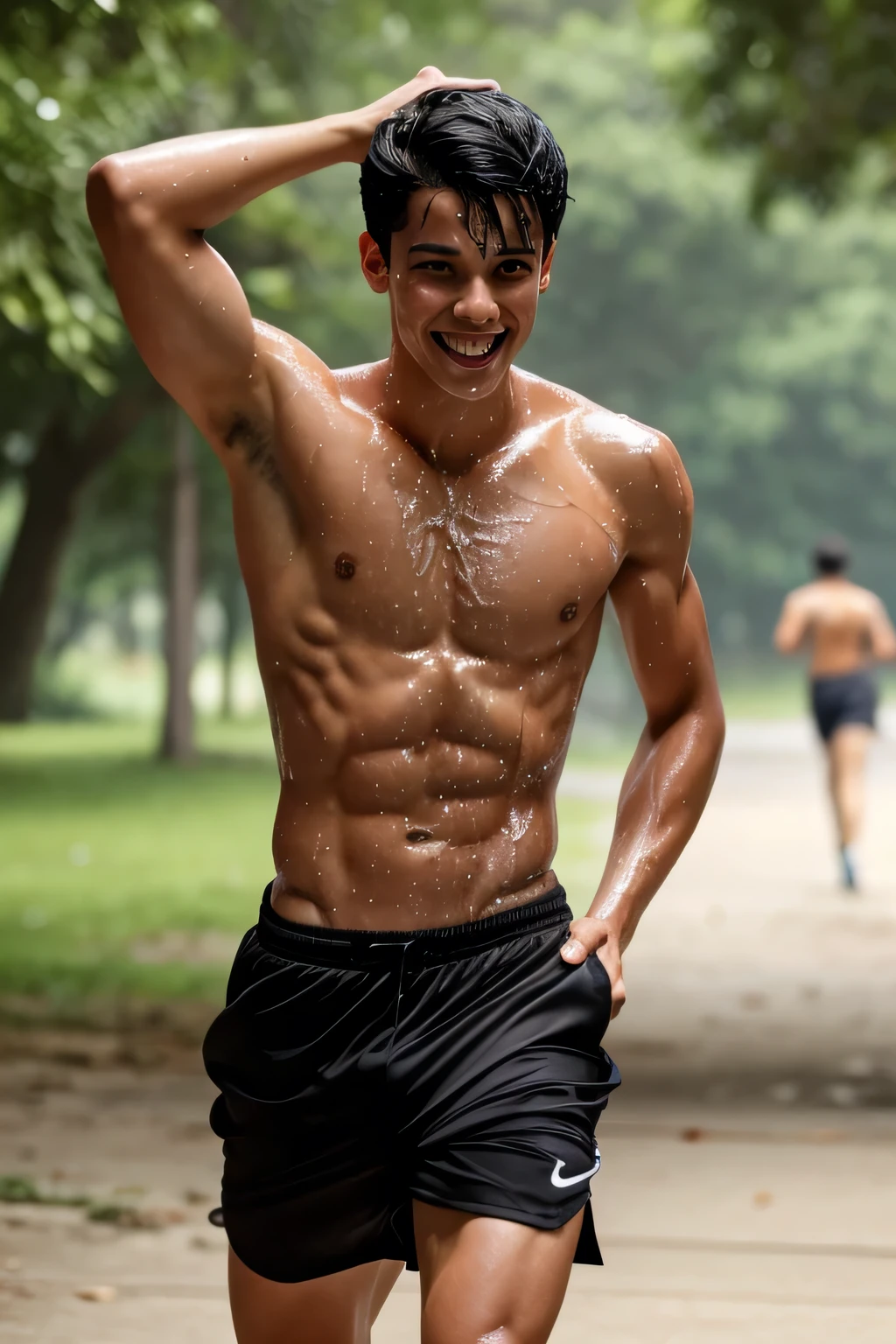 a lean skinny 20-year old shirtless male wearing sagging white running shorts, black hair, brown eyes, drenched in sweat, face drenched in sweat, jogging in the park, smiling