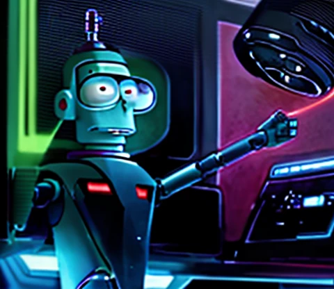 a close up of a robot pointing at a computer screen, bender from futurama, portrait of bender from futurama, bender, portrait bender from futurama, futurama, fry, justin roiland, from rick and morty, who is a robot”, 🐋 as 🐘 as 🤖 as 👽 as 🐳, a robot, the robot has a fishing rod