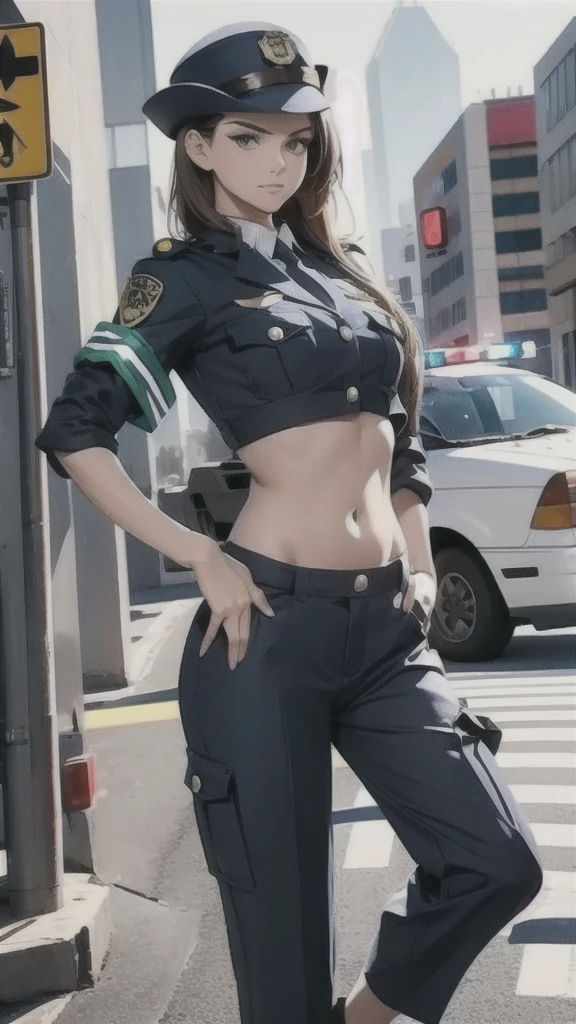 Women in crop top police uniform, police pants, showing navel, fat