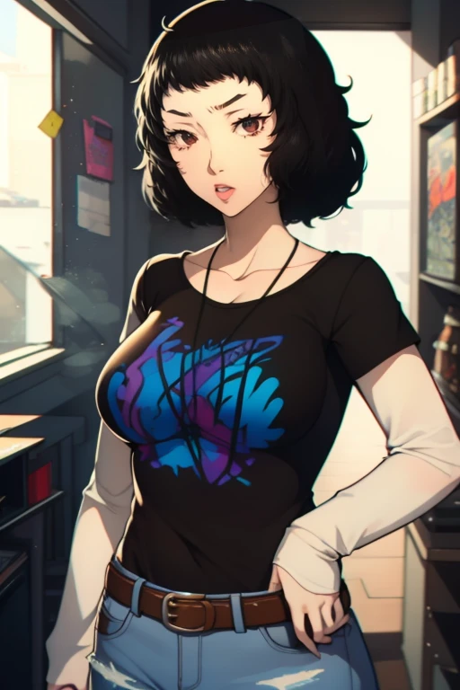 sadayokawakami, 1girl, solo, standing, black t-shirt, white shirt, blue jeans, belt, lipstick, large breasts
