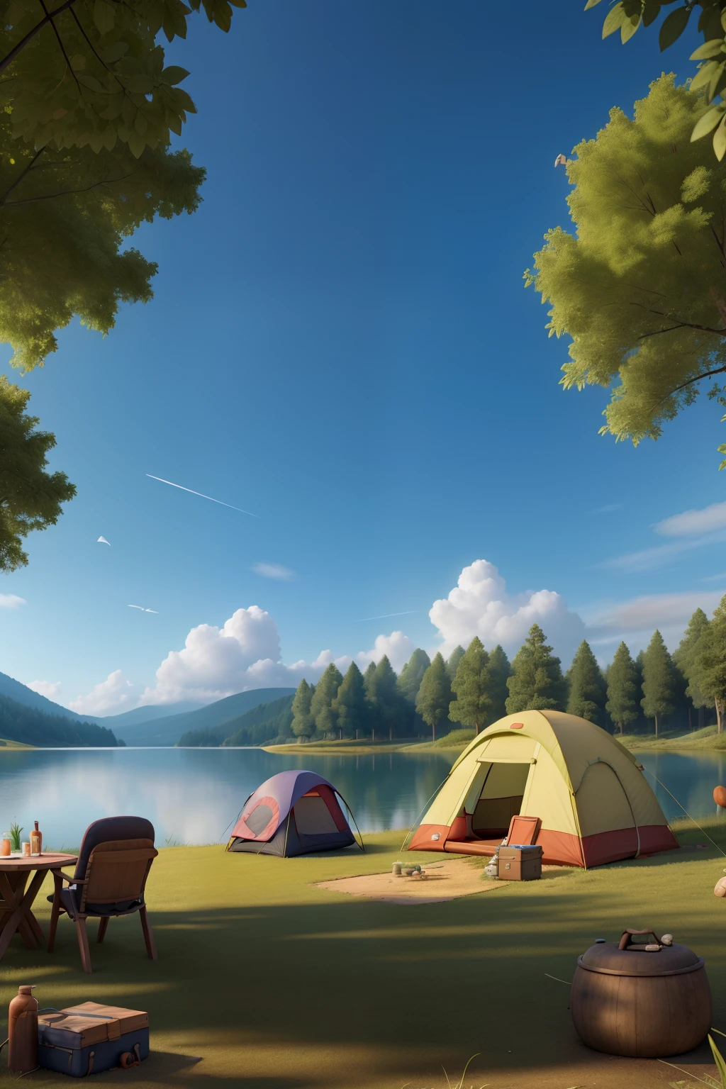 close up camping ground in lake with sky