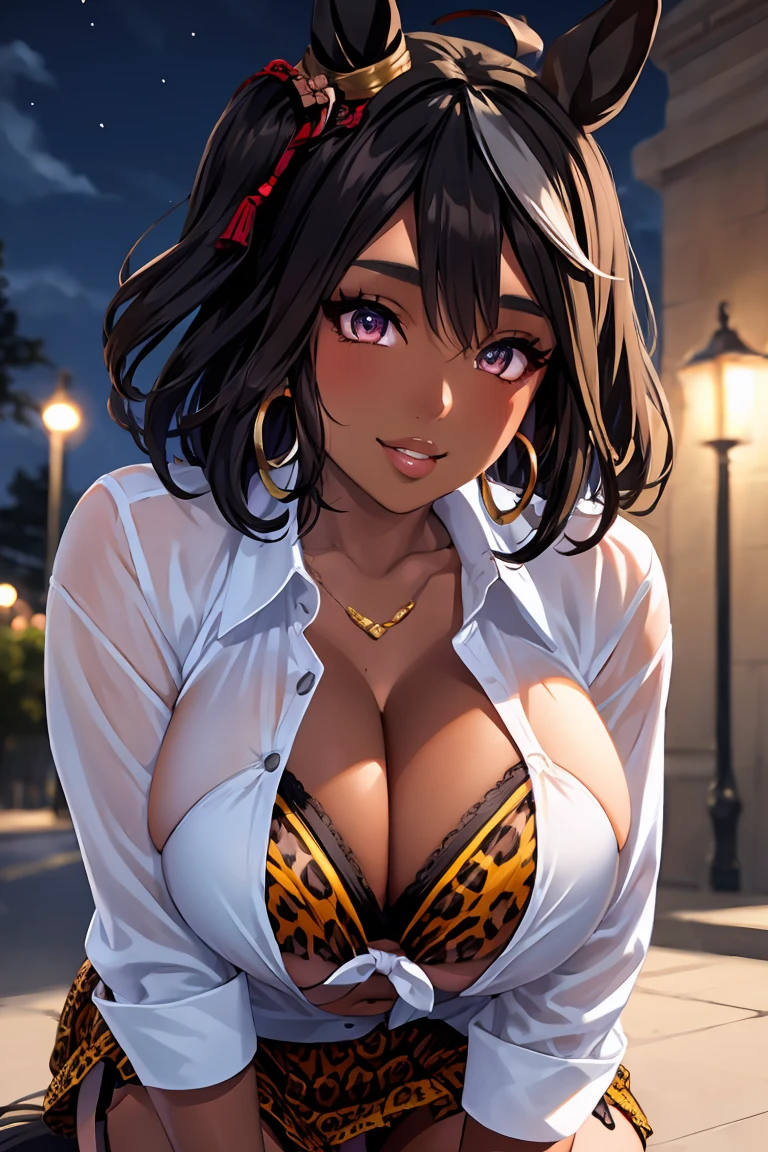 kitasan black_(Umamusume), 1girl in,Animal ears ,Horse ears ,Horse Girl ,Horse tail,, detailed body , (detailed face:1.1), (perfect eyes), (big breasts:1.3), thick eyelashes, long eyelashes, (blunt bangs:1.2), perfect dynamic composition, (gyaru:1.2), cleavage, jewelry, earrings, open clothes, tied shirt, tented shirt, unbuttoned shirt, bra peek, lace-trimmed bra, (leopard print:1.2), belt, pleated skirt, lace-trimmed legwear, garter straps, see-through, (dark skin:1.2), hoop earrings, gal, evil smile, seductive smile, blush, seductive pose, (seductive smile:1.4), thick lips, (huge lips:1.2), (massive lips: 1.2), (parted lips:1.2), (thick lips:1.4), street, night sky
8k, 4k, Masterpiece, Best Quality, fantasy, extremely detailed, intricate, hyper detailed, detailed eyes, (perfect face), illustration, soft lighting, (specular lighting:1.2), (shiny skin, gleaming skin), looking at viewer,