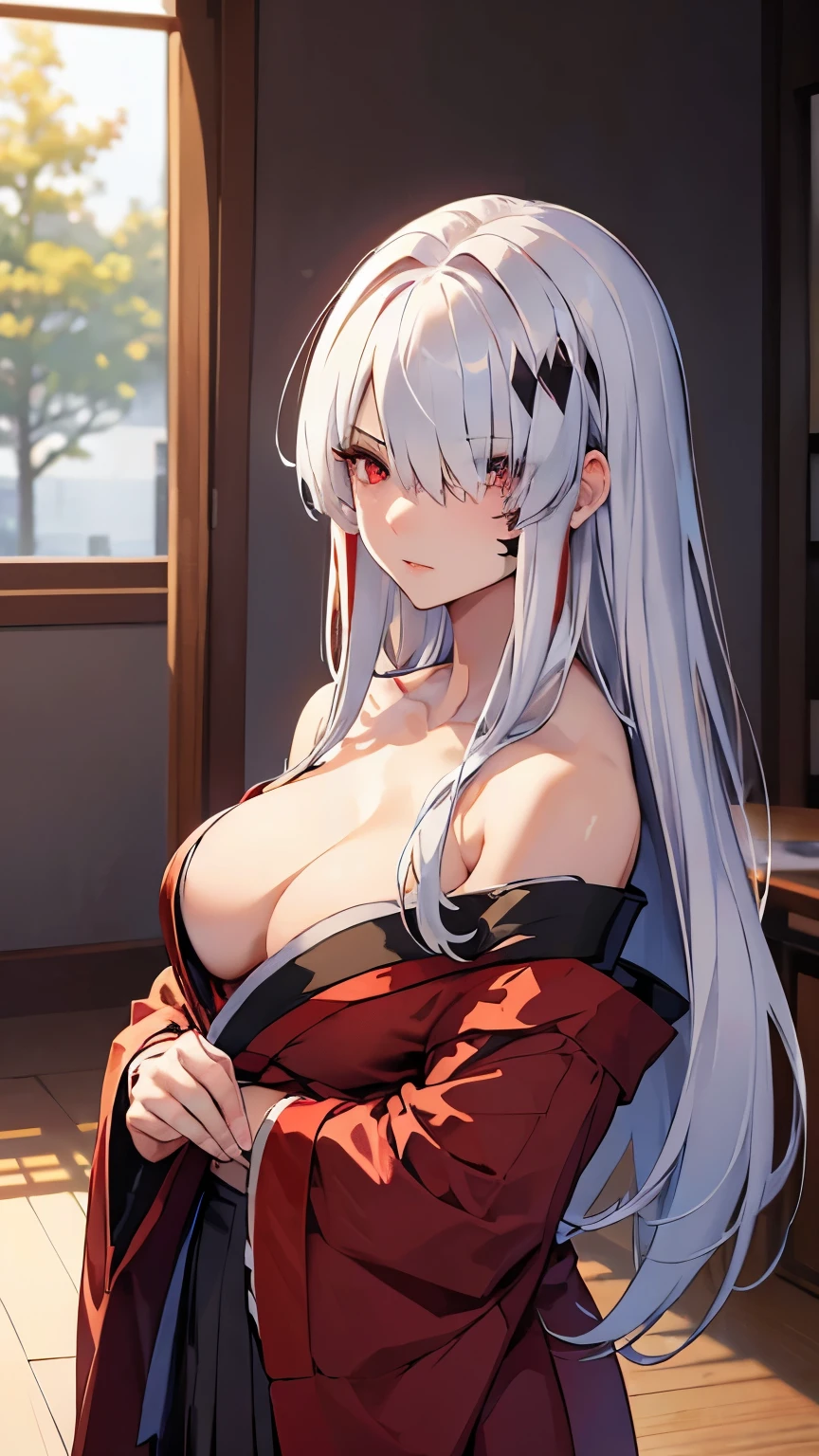 (best quality:1.3), (masterpiece:1.3), (illustration:1.3), (ultra-detailed:1.3), (mid shot:0.9), 1girl, white hair, one eye covered, ((hair over one eye)), solo, ((large breasts)), tall, mature, long hair, serious expression, ((red kimono, off-shoulder kimono)), hair ornament, facial mark, heterochromia, ((red eyes, grey eyes)), indoors, side slit, hakama skirt,