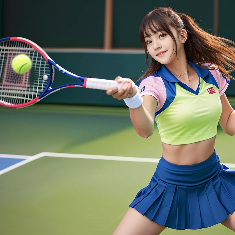Photo-realistic quality、A 20-year-old idol wearing a pale pink skirt and swinging a racket, White top tennis wear, A girl playing tennis, Japanese model playing tennis, Hit the yellow ball with a waist shot、looking at the camera、Cute Smile、A soft and gentle look、Detailed and beautiful eyes