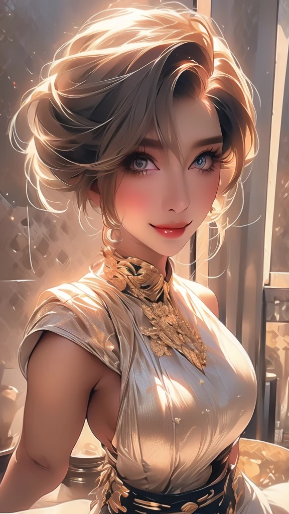 Very detailed, beautiful, highest quality, Professionally taken photos, Like a poster, detailed beautiful round eyes, beautiful detailed face, Whole Body Ezbian, Medium Long Hair, Casual Hairstyles, (Random color hair, Golden mesh), Big eyes, Random color eyes, Long eyelashes, Thick mascara, Dark eyeliner, (Huge breasts), (Bust about to burst:1.45), Wide selection, Thick waist), (Wide Hips:1.4, Toned thighs, Body Curves), 40 years old, woman, (White tight dress, white), Perfect Face, Perfect body, Sexy pose, (A shy smile), Random Location, nature, (alone), The light on my face,