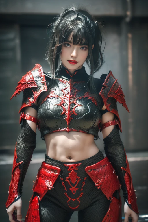 tmasterpiece,Best quality,A high resolution,8K,(Portrait photograph:1.5),(ROriginal photo),real photograph,digital photography,(Combination of cyberpunk and fantasy style),(Female soldier),20 year old girl,random hair style,By bangs,(Red eyeigchest, accessories,Redlip,(He frowned,Sneer),(Cyberpunk combined with fantasy style clothing,Openwork design,joint armor,police uniforms,Red clothes,red colour),exposing your navel,Photo pose,Realisticstyle,Thunder and lightning on rainy day,(Thunder magic),oc render reflection texture