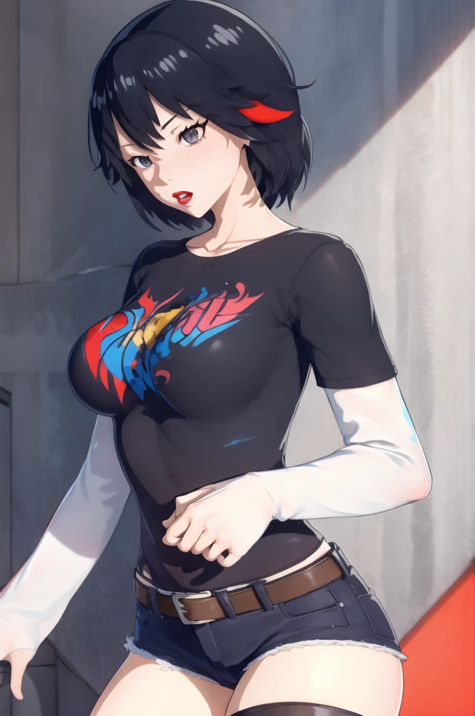 1girl,solo, matoi ryuuko, 1girl, solo, black t-shirt, white shirt, blue jeans, belt, lipstick, large breasts, layered sleeves,