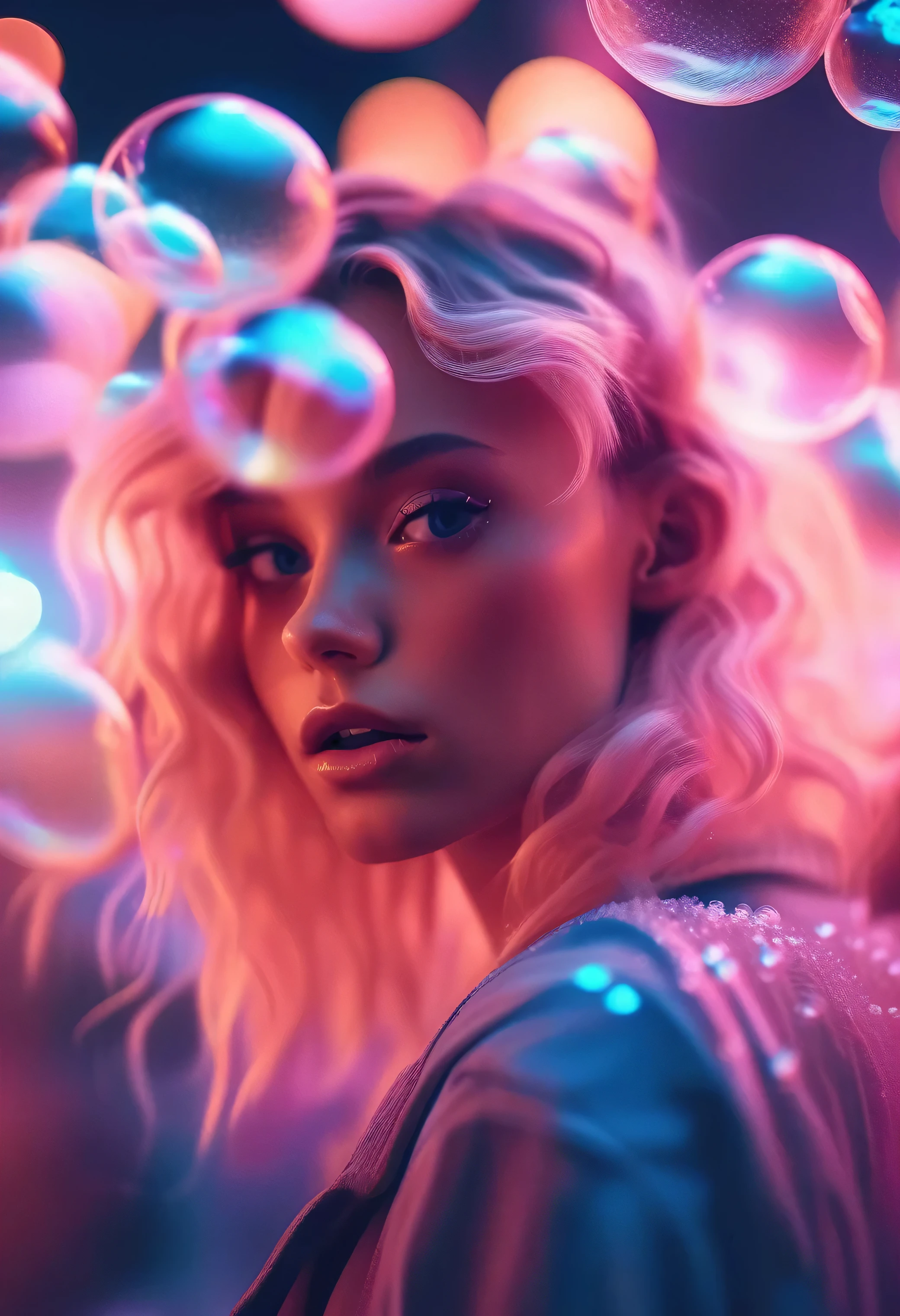 Brandon Woelfel Style - Petra Collins、A mysterious digital core cybergothic dreamscape created by Brandon Woelfel and Liam Wong, Super sharp details, unusual angle, Bokeh, Shot with Canon 5D Mark III DSLR, (Countless soap bubbles:1.2)