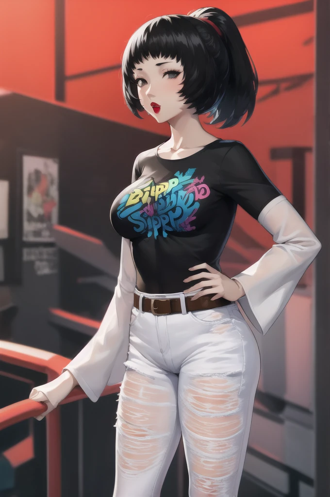 masterpiece, best quality, shihop5, black hair, ponytail, 1girl, solo, standing, black t-shirt, white shirt, blue jeans, belt, lipstick, large breasts, layered sleeves,