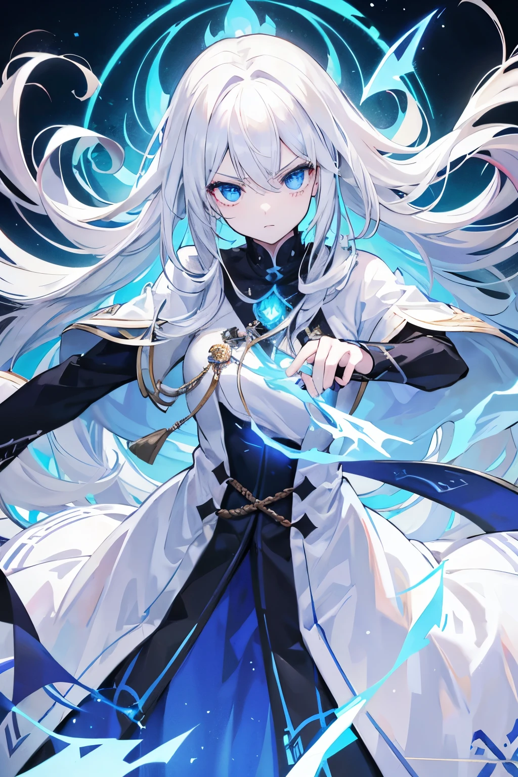 Her hair is long and white、The eyes are glowing blue。The character is in landscape orientation、Spells coming from his hands。The character is glaring at you while fighting the enemy.。male The background is black