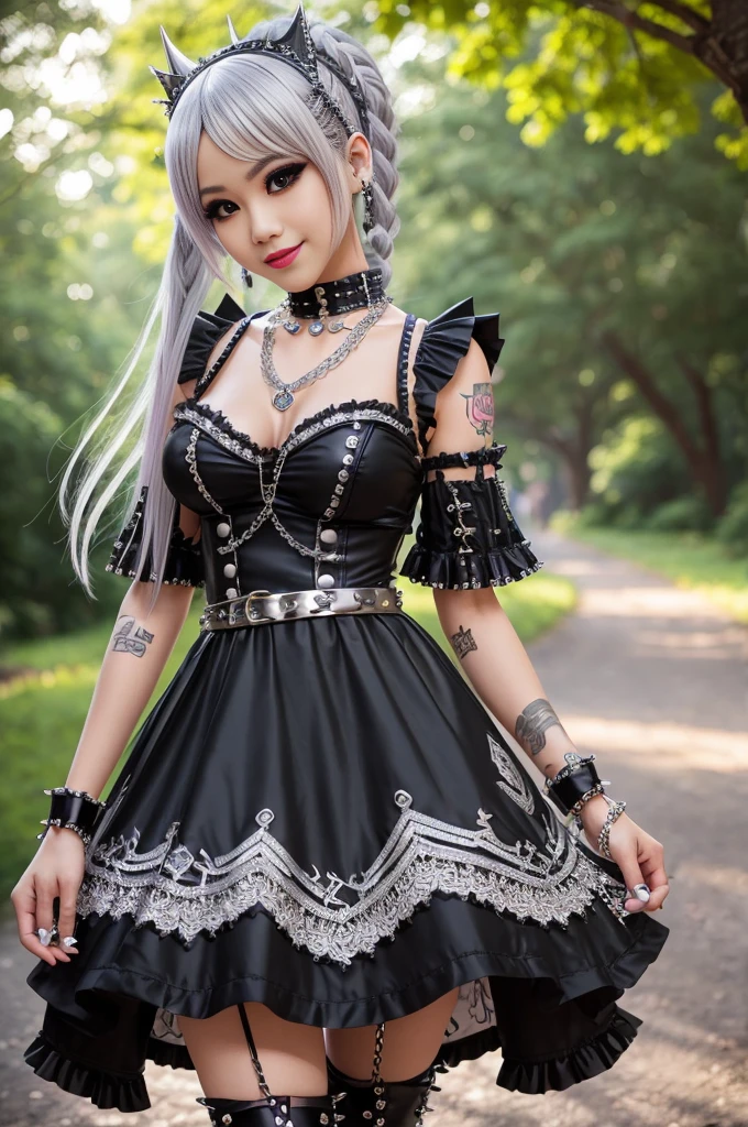 sexy stylish Thai model, only 1 female, long multicolor stylish hair, ((shiny Punk-Style boots)), (big smile), ultra detailed eyes, Punk makeup, lipgloss, ((sexy Punk Lolita cosplay)), unconventional skirt, petticoats, high neckline, ((ultra detailed lace)), ((ultra detailed embroidery)), intricate details, tartan patterns, ((silver chains)), ((silver spikes)), ((safety pins)), Punk Lolita accessoires, Punk Lolita choker, ((large sparkling Punk Lolita jewelry)), cinematic light, detailed large park background with trees 