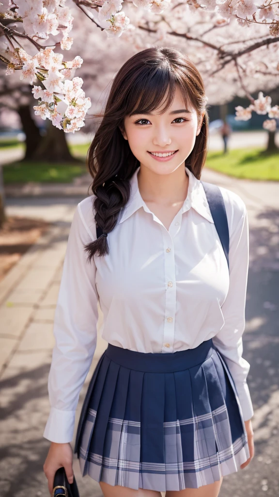 (highest quality,masterpiece:1.3,ultra high resolution),(Super detailed,caustics,8k),(photorealistic:1.4,RAW shooting),1 girl,(Looking up at the cherry blossoms with a smile),18-year-old,cute,Japanese,black short ponytail,(school uniform),glamorous,(big boobs),( close up),(breast focus),street,cherry blossoms,Natural light,(Lens flare),professional writing,(cowboy shot),(bird&#39;s eye view:1.3),(high position:1.4),(high angle:1.4)