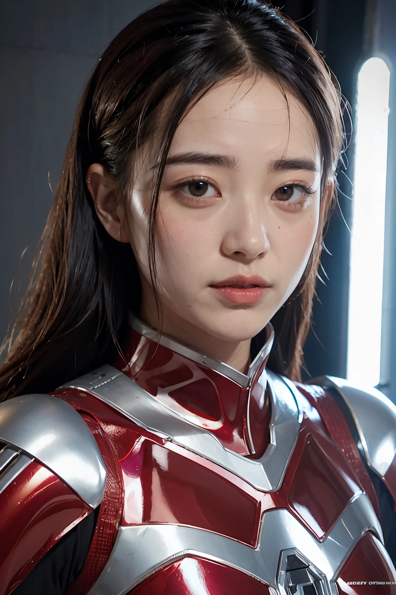 Ultraman、realistic、realistic、cinematic lighting, Girl in a shiny red and silver suit、、professional photos、Don&#39;Do not expose your skin, japanese model, japanese cgi、Ultraman Suit、, Power Rangers Suit、tight and thin cyber suit,Whole body rubbery、There&#39;s pink There、 delicate body, big breasts、small ass、thin thighs、thin arms、thin waist、camel toe、Both sides of the cyber suit stick to the skin、Big eyes、black short hair、facing the front、facing the front立っている、A glowing sphere is embedded in the chest.、Essay Examination、 blue sky background