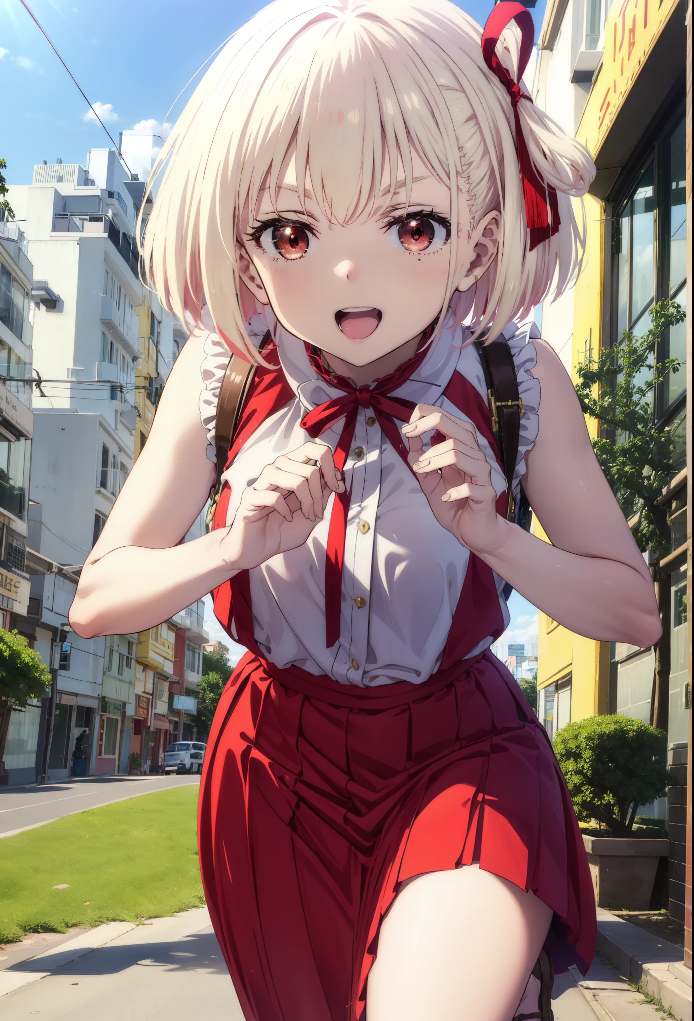 chisatonishikigi, Chisato Nishikigi, short hair, bangs, blonde, (Red eyes:1.5), Hair Ribbon, One side up, Bobcut,happy smile, smile, Open your mouth,
Open your mouth, Red sleeveless dress,Bare arms,Red long skirt,Cute Sandals,whole bodyがイラストに入るように,Walking,Daytime,sunny, walk,Looking up from below,break looking at viewer,whole body,break outdoors, In town,Coastal Road, break (masterpiece:1.2), highest quality, High resolution, unity 8k wallpaper, (shape:0.8), (Beautiful details:1.6), Highly detailed face, Perfect lighting, Extremely detailed CG, (Perfect hands, Perfect Anatomy),