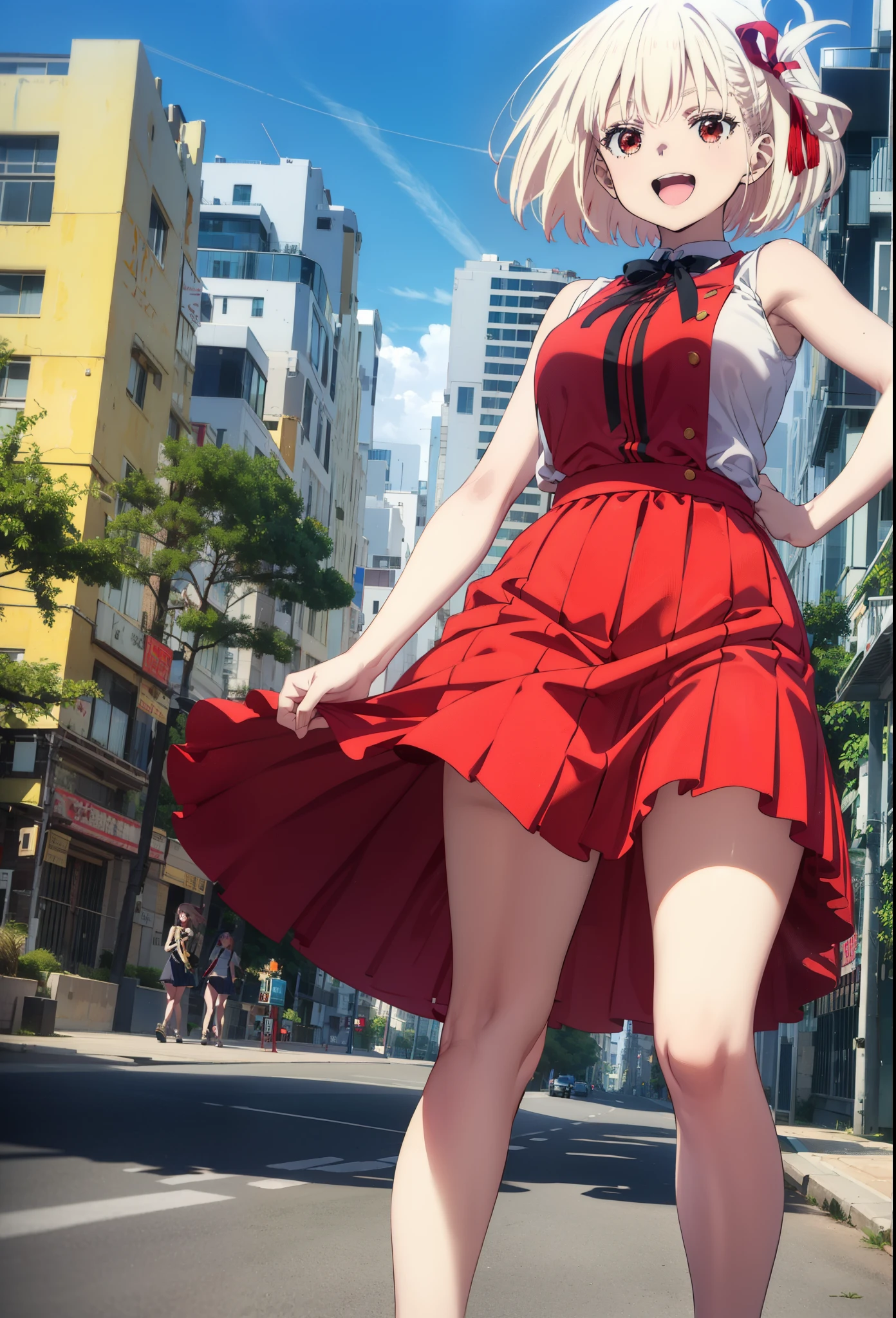 chisatonishikigi, Chisato Nishikigi, short hair, bangs, blonde, (Red eyes:1.5), Hair Ribbon, One side up, Bobcut,happy smile, smile, Open your mouth,
Open your mouth, Red sleeveless dress,Bare arms,Red long skirt,Cute Sandals,whole bodyがイラストに入るように,Walking,Daytime,sunny, walk,Looking up from below,break looking at viewer,whole body,break outdoors, In town,Coastal Road, break (masterpiece:1.2), highest quality, High resolution, unity 8k wallpaper, (shape:0.8), (Beautiful details:1.6), Highly detailed face, Perfect lighting, Extremely detailed CG, (Perfect hands, Perfect Anatomy),