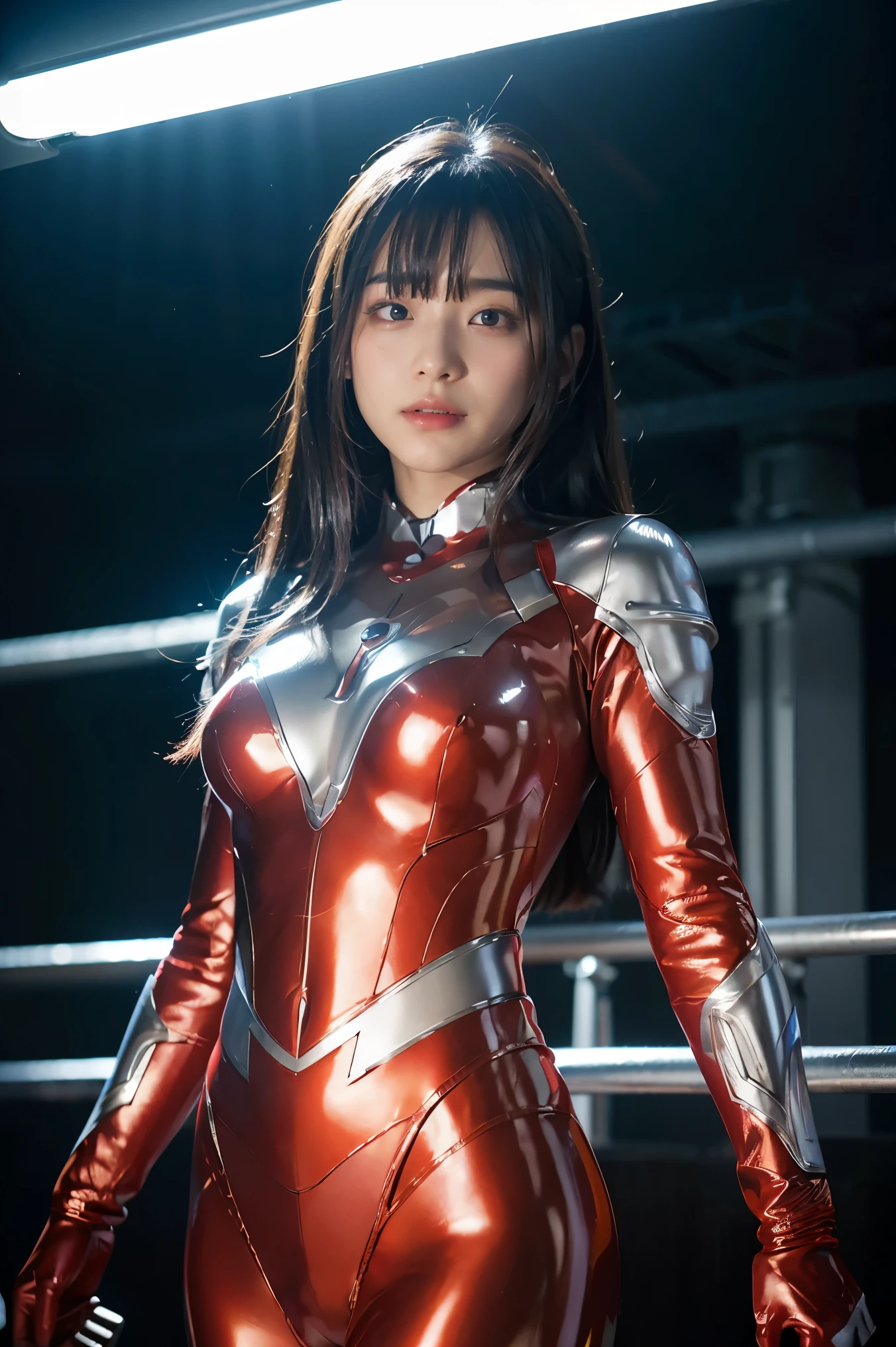 Ultraman、realistic、realistic、cinematic lighting, Girl in a shiny red and silver suit、、professional photos、Don&#39;Do not expose your skin, japanese model, japanese cgi、Ultraman Suit、, Power Rangers Suit、tight and thin cyber suit,Whole body rubbery、There&#39;s pink There、 delicate body, big breasts、small ass、thin thighs、thin arms、thin waist、camel toe、Both sides of the cyber suit stick to the skin、Big eyes、black short hair、facing the front、facing the front立っている、A glowing sphere is embedded in the chest.、Essay Examination、 blue sky background