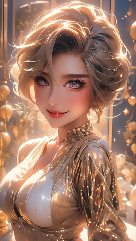 Very detailed, beautiful, highest quality, Professionally taken photos, Like a poster, detailed beautiful round eyes, beautiful detailed face, Whole Body Ezbian, Medium Long Hair, Casual Hairstyles, (Random color hair, Golden mesh), Big eyes, Random color eyes, Long eyelashes, Thick mascara, Dark eyeliner, (Huge breasts), (Bust about to burst:1.45), Wide selection, Thick waist), (Wide Hips:1.4, Toned thighs, Body Curves), 40 years old, woman, (White tight dress, white), Perfect Face, Perfect body, Sexy pose, (A shy smile), Random Location, nature, (alone), The light on my face,
