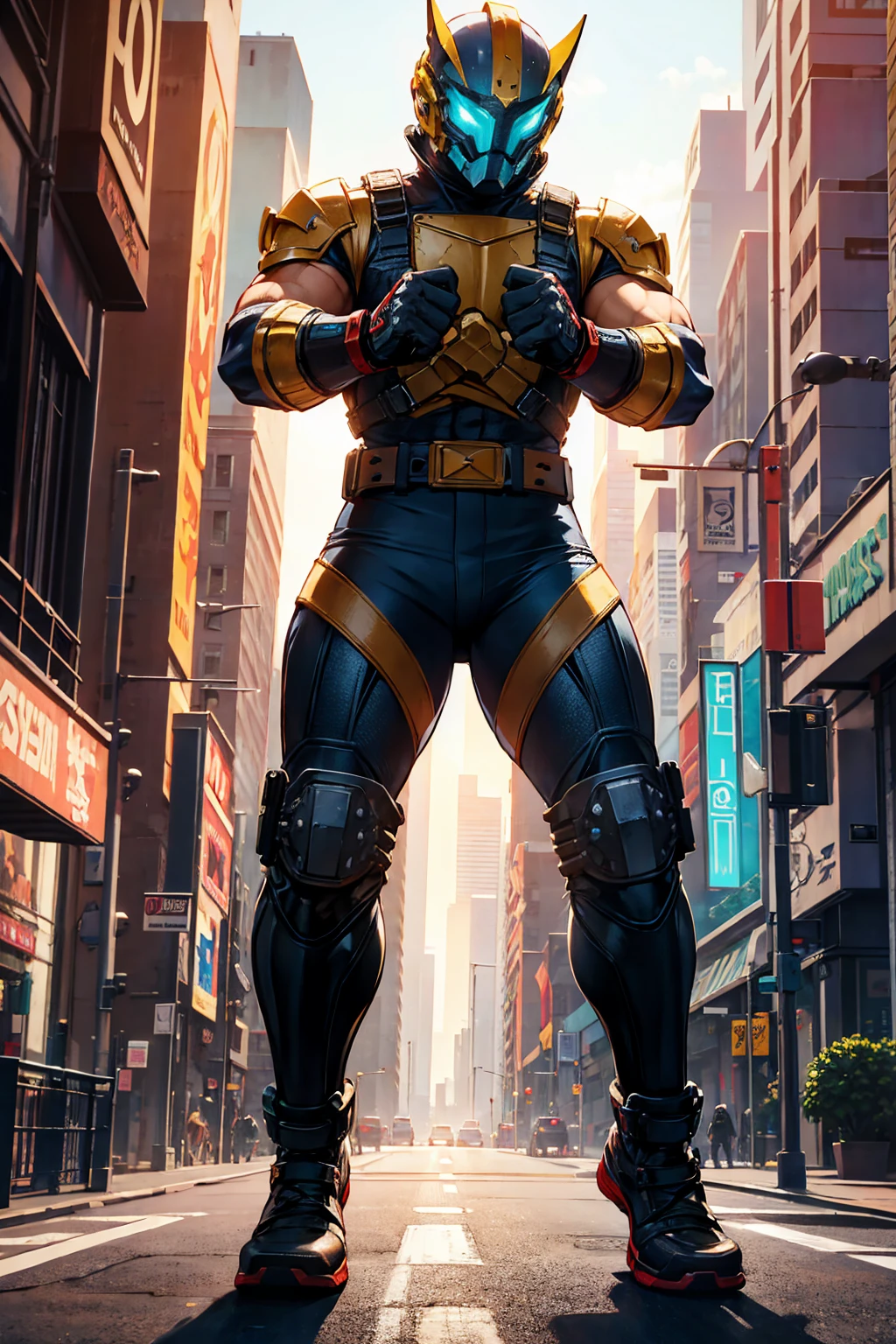 power fist
boxing mask
protective gear
sci-fi city
full-body shot
Hero character design