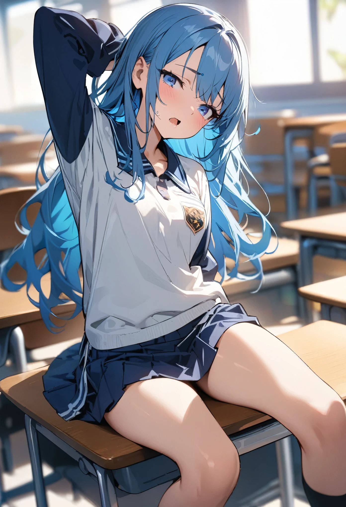 sitting, whole body, looking to the side, (female): 1girl, (solo), (perfect face), (detailed outfit), (teenage girl), beautiful female, (sleepy, open mouth,), blue hair, long hair, blue eyes, white shirts, (white , blue mini skirt), (((arm up))), (background): school room, (sunny) : (masterpiece:1.4), (best quality), (highres) (sharp focus), (depth of field),