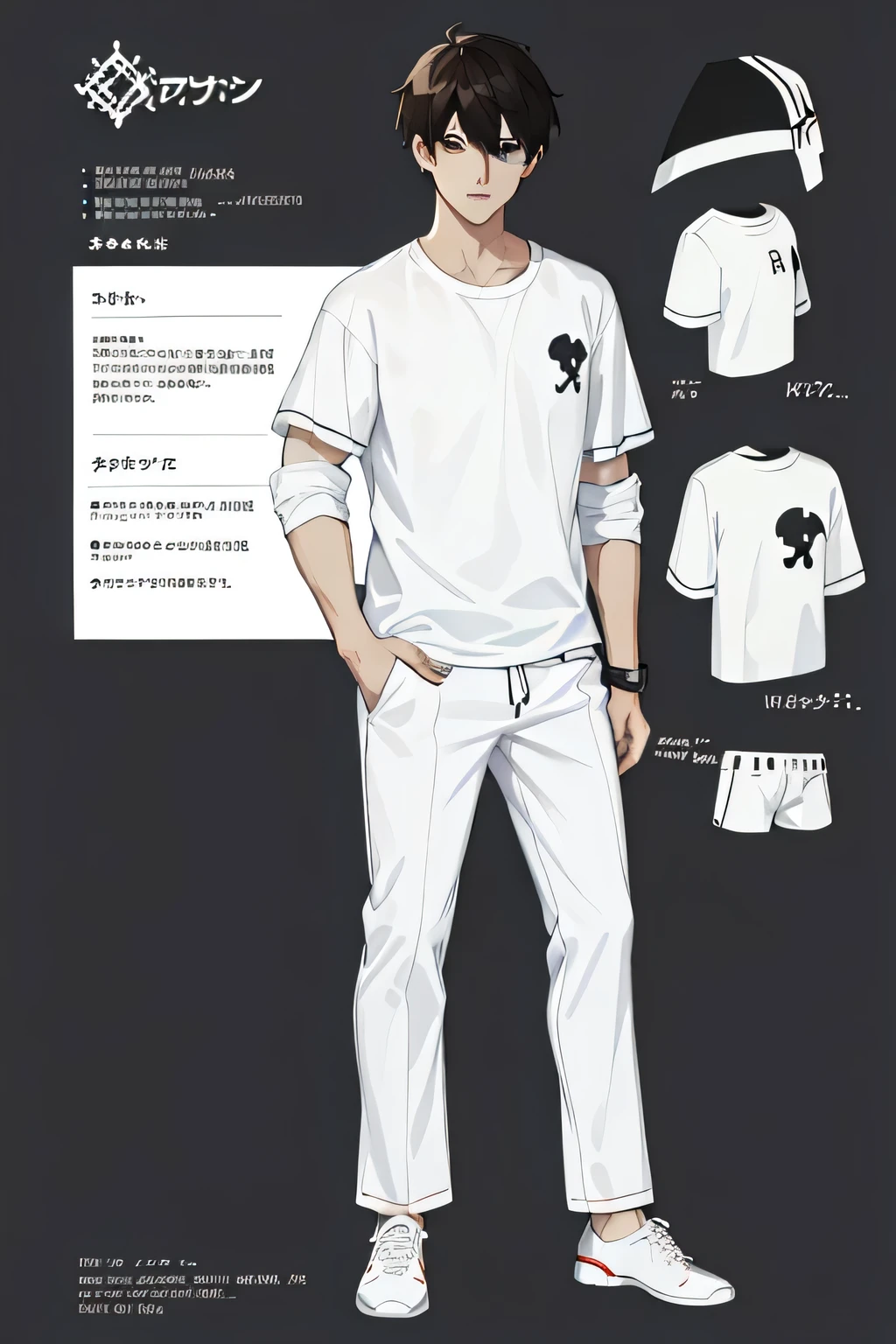 Check Pyjama Trousers, white t-shirt, shoes, character design, game art, mobile game character design, concept art, full body shot