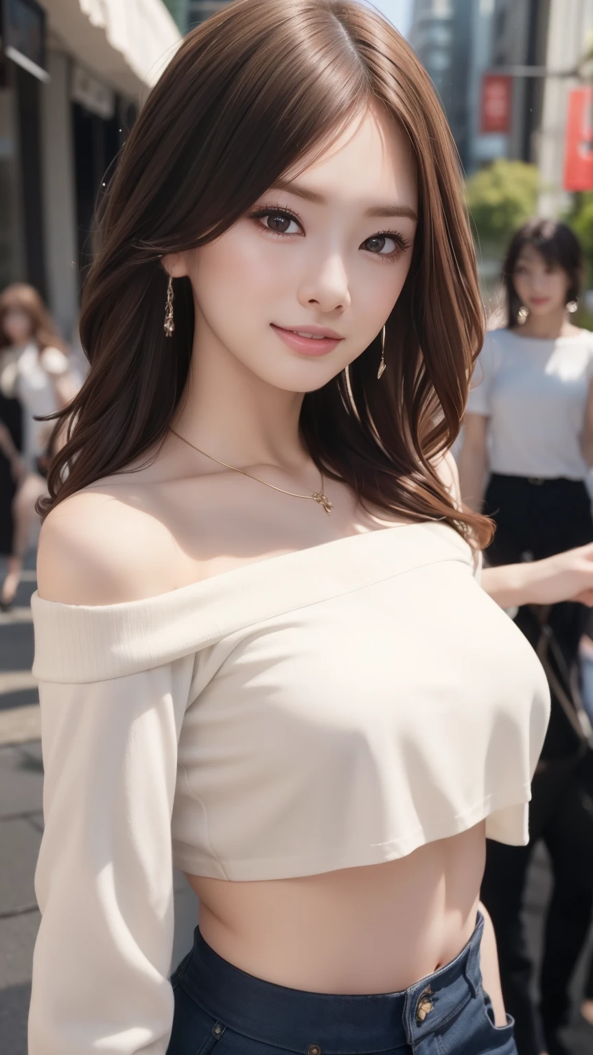 Realistic、Realistic、highest quality、Natural Lip、Fair skin、Great light、Beautiful lighting、Parted bangs、Off the shoulder、Large Breastsの谷間、Large Breasts、White crop top、mini skirt、Gorgeous Accessories、Harajuku、smile、かわいいsmile、Crowds in the city