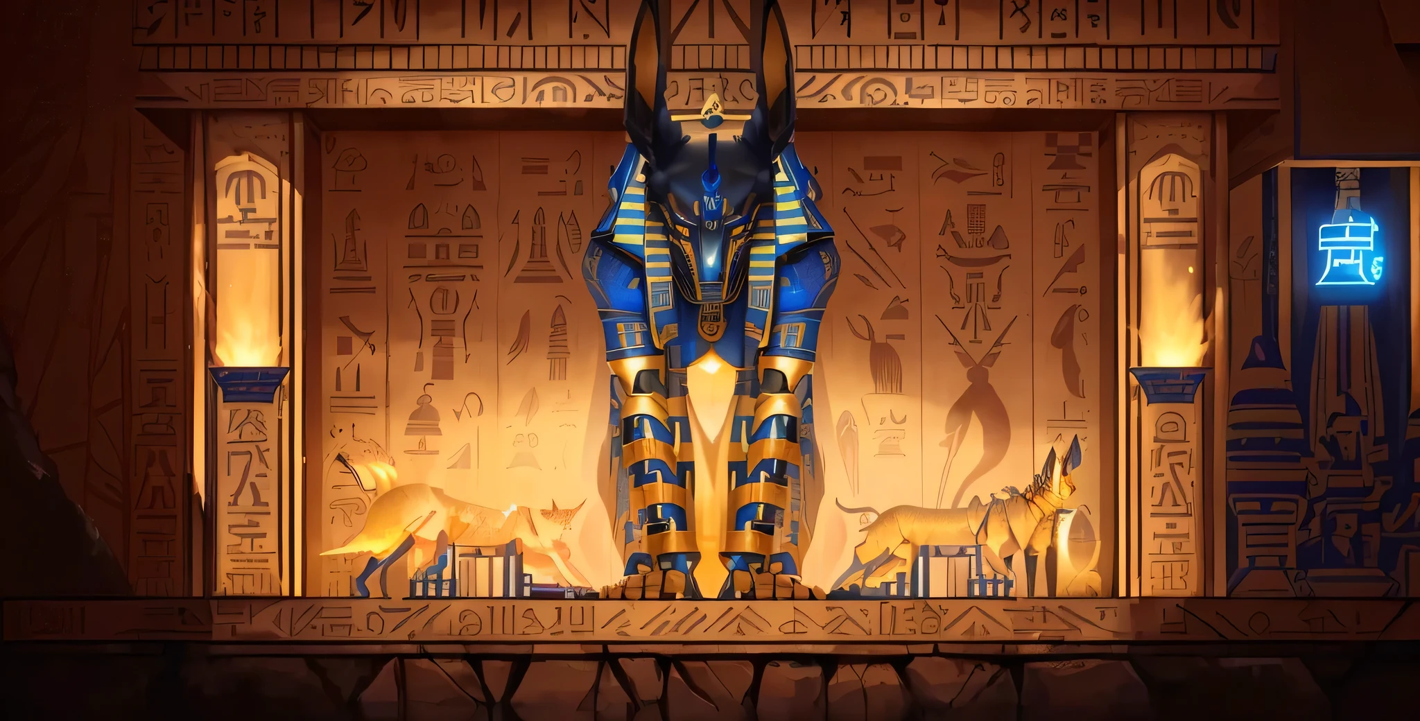 Close up of an Egyptian Pharaoh statue in front of a wall, the god Anubis, the Egyptian God, angry god Anubis, Egyptian God, Egyptian God, Mummified king of Egypt, Anubis, photo of ghost of Anubis, Pharaoh, Anubis reptilian, Anubis-reptilian, The Mysticism of Hieroglyphics