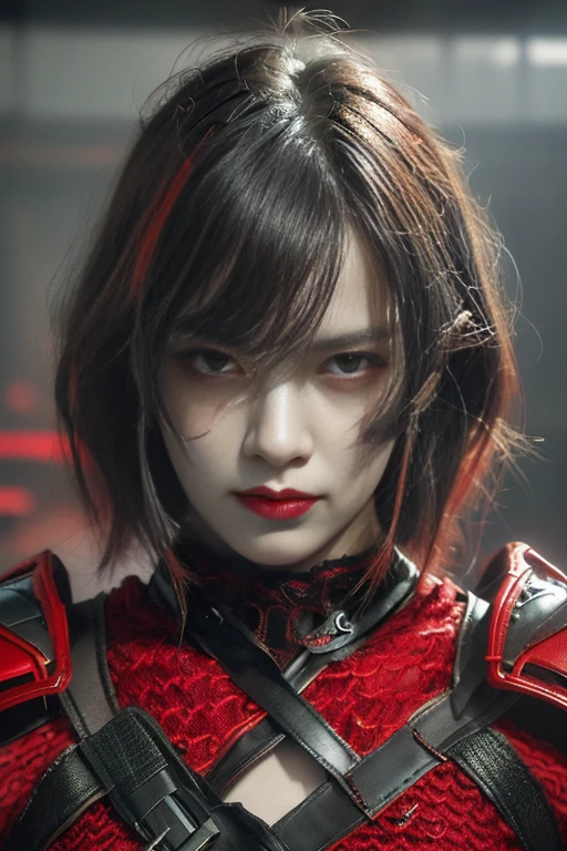 tmasterpiece,Best quality,A high resolution,8K,(Portrait photograph:1.5),(ROriginal photo),real photograph,digital photography,(Combination of cyberpunk and fantasy style),(Female soldier),20 year old girl,random hair style,By bangs,(Red eyeigchest, accessories,Redlip,(He frowned,Sneer),(Cyberpunk combined with fantasy style clothing,Openwork design,joint armor,police uniforms,Red clothes,red colour),exposing your navel,Photo pose,Realisticstyle,Thunder and lightning on rainy day,(Thunder magic),oc render reflection texture