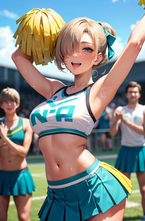 (masutepiece:1.5)、(top-quality:1.5)、(16k wallpaper:1.2)、(Photorealsitic:1.2)、(ultra-detailliert:1.2)、(超A high resolution:1.2)、(Highly detailed and realistic skin:1.2)、(Surrounded by a crowd of men:1.5)、On the school grass playground、18-year-old cheerleader、Very detailed and beautiful sharp eyes、Powerful and beautiful eyeshadow、(Slender woman with body shape:1.2)、Natural Color Lip、(long blonde high ponytail covering one eye)、(teal cheerleading miniskirt:1.3)、(holding a pom pom:1.2)、(sweat and dance hard:1.3)、(Jumping:1.2)、(Hands up:1.2)、Smile with open mouth、(white sleeveless cheerleading shirt:1.3)、(White panties visible through the skirt)