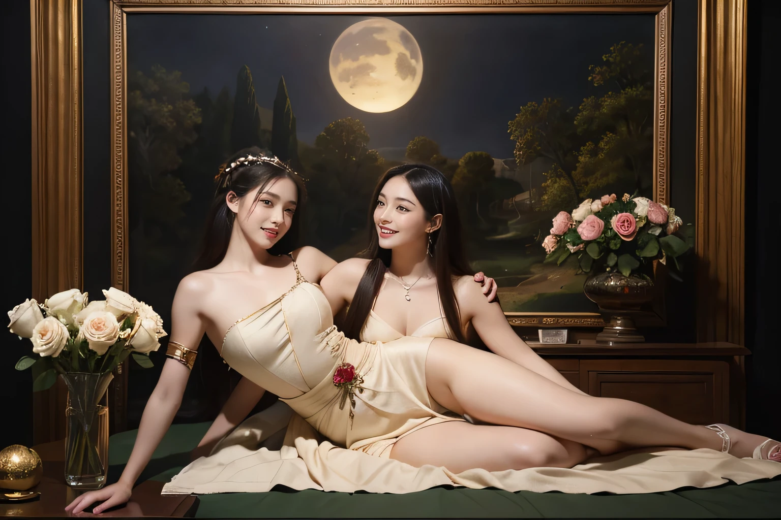 Giorgione painting style,Arguments of two female Philosophe,math、astronomical machine、astronaut、roses in vase、fruits、Cute trinkets、smile、ancient greek costume、Background is a forest lake at night 、Clothes that stretch your shoulders、A big smile、beautiful bare skin、A detailed representation of the seducing woman throughout her body.