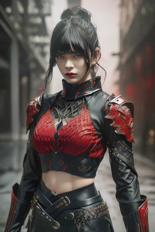 tmasterpiece,Best quality,A high resolution,8K,(Portrait photograph:1.5),(ROriginal photo),real photograph,digital photography,(Combination of cyberpunk and fantasy style),(Female soldier),20 year old girl,random hair style,By bangs,(Red eyeigchest, accessories,Redlip,(He frowned,Sneer),(Cyberpunk combined with fantasy style clothing,Openwork design,joint armor,police uniforms,Red clothes,red colour),exposing your navel,Photo pose,Realisticstyle,Thunder and lightning on rainy day,(Thunder magic),oc render reflection texture