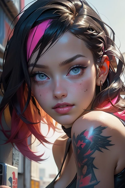 full length long shot:1.4, (( a sensual and beautiful young woman)), sensual smile, with a tattoo on her arm and cheek, beautiful and modern hairstyle with a lock of pink hair, beautiful cyberpunk girl, beautiful girl face cyberpunk, dreamy, beautiful and detailed hair, soft and luminous:1.3, dark environment, ultra-realistic 8k, cyberpunk 20 years old. or model girl, The portrait, Highly detailed 32k digital art, beautiful digital artwork, Cyborg Cyberpunk. pink, orange, cyan, brown colors, realistic digital art in 8k, soft neon lighting on the face and body, (( Highly detailed: 1.4), (( masterpiece )), ( Hyper detailed and beautiful: 1.3), (Photorealistic: 1.4)
