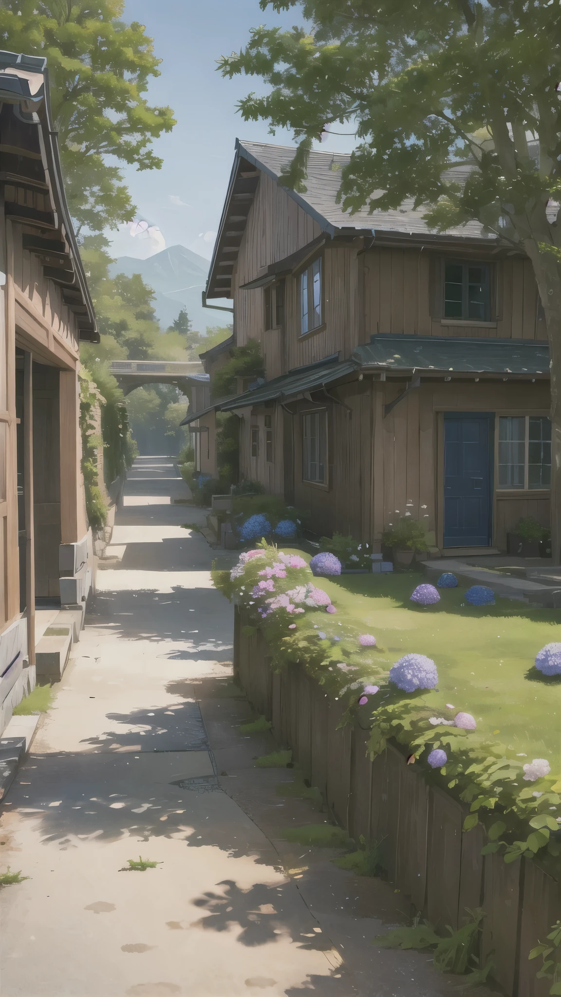 (ultra high res,photorealistic,best quality,photo-realistic),(8k,raw photo,best quality,masterplece),(photon mapping,radiosity,physically-based rendering,automatic white balance),real person,photograph,bridge, building, bush, city, cloud, day, door, fence, field,orest, garden, grass, house, hydrangea, mountain, nature, no_humans, outdoors, path, plant, potted_plant, purple_flower, road, scenery, sky, skyscraper, traditional_media, tree,