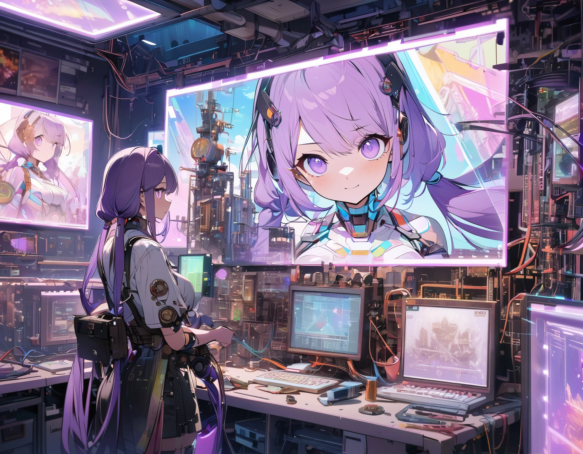 best quality, super fine, 16k, incredibly absurdres, extremely detailed, delicate and dynamic, (two beautiful female cyber warriors with purple eyes and braided low twin tails with gradient from white to purple at the ends:1.9), captivating look, aroused expression, stained glass kaleidoscope made of jewels of various colors, with mechanical mechanisms, clockwork mechanisms, and gear mechanisms, transparent translucent anatomy, iridescent neon colors wiring diagram and LED, X-ray made of transparent crystal, precision machinery inside, circuit boards, diagrams, complex and innumerable colorful cables, IC chips, resistors, capacitors, light-emitting diodes, timers, picture frame and background that mixes and fuses steampunk, dieselpunk, cyberpunk and clockpunk, analyzer room lab, various image effects, world artwork