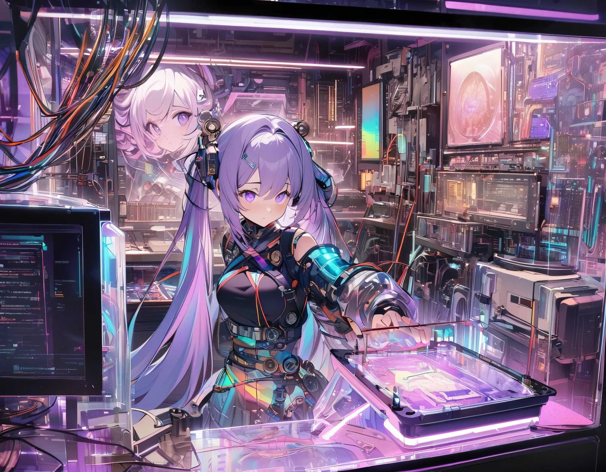 best quality, super fine, 16k, incredibly absurdres, extremely detailed, delicate and dynamic, (two beautiful female cyber warriors with purple eyes and braided low twin tails with gradient from white to purple at the ends:1.9), captivating look, aroused expression, stained glass kaleidoscope made of jewels of various colors, with mechanical mechanisms, clockwork mechanisms, and gear mechanisms, transparent translucent anatomy, iridescent neon colors wiring diagram and LED, X-ray made of transparent crystal, precision machinery inside, circuit boards, diagrams, complex and innumerable colorful cables, IC chips, resistors, capacitors, light-emitting diodes, timers, picture frame and background that mixes and fuses steampunk, dieselpunk, cyberpunk and clockpunk, analyzer room lab, various image effects, world artwork