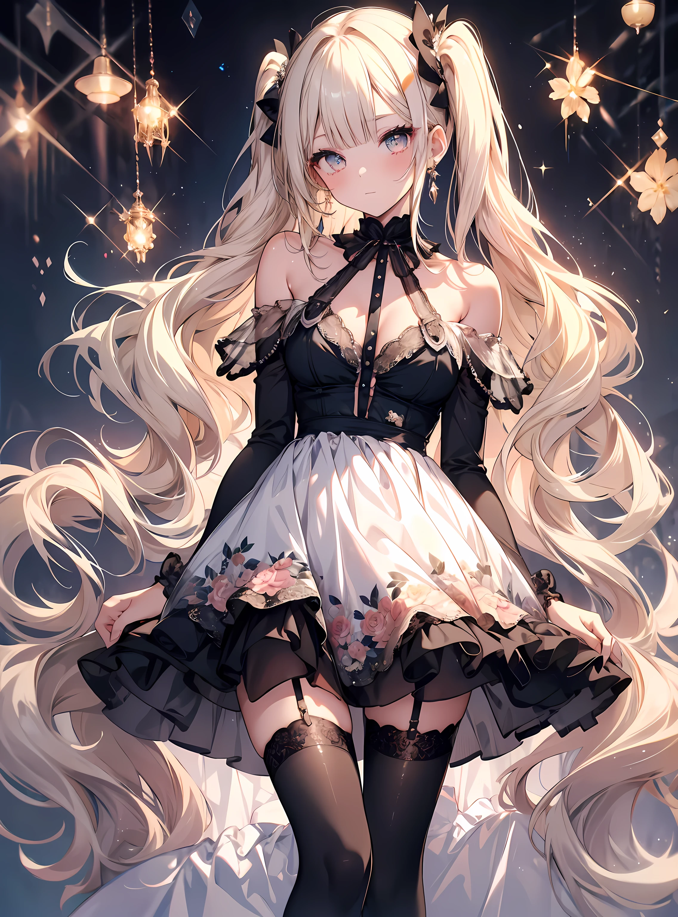 masterpiece, highest quality, High resolution, SA1, Floral off-the-shoulder dress, black stockings, Sparkly eyes, false eyelashes, Platinum Blonde Twin Tails, Cute atmosphere,