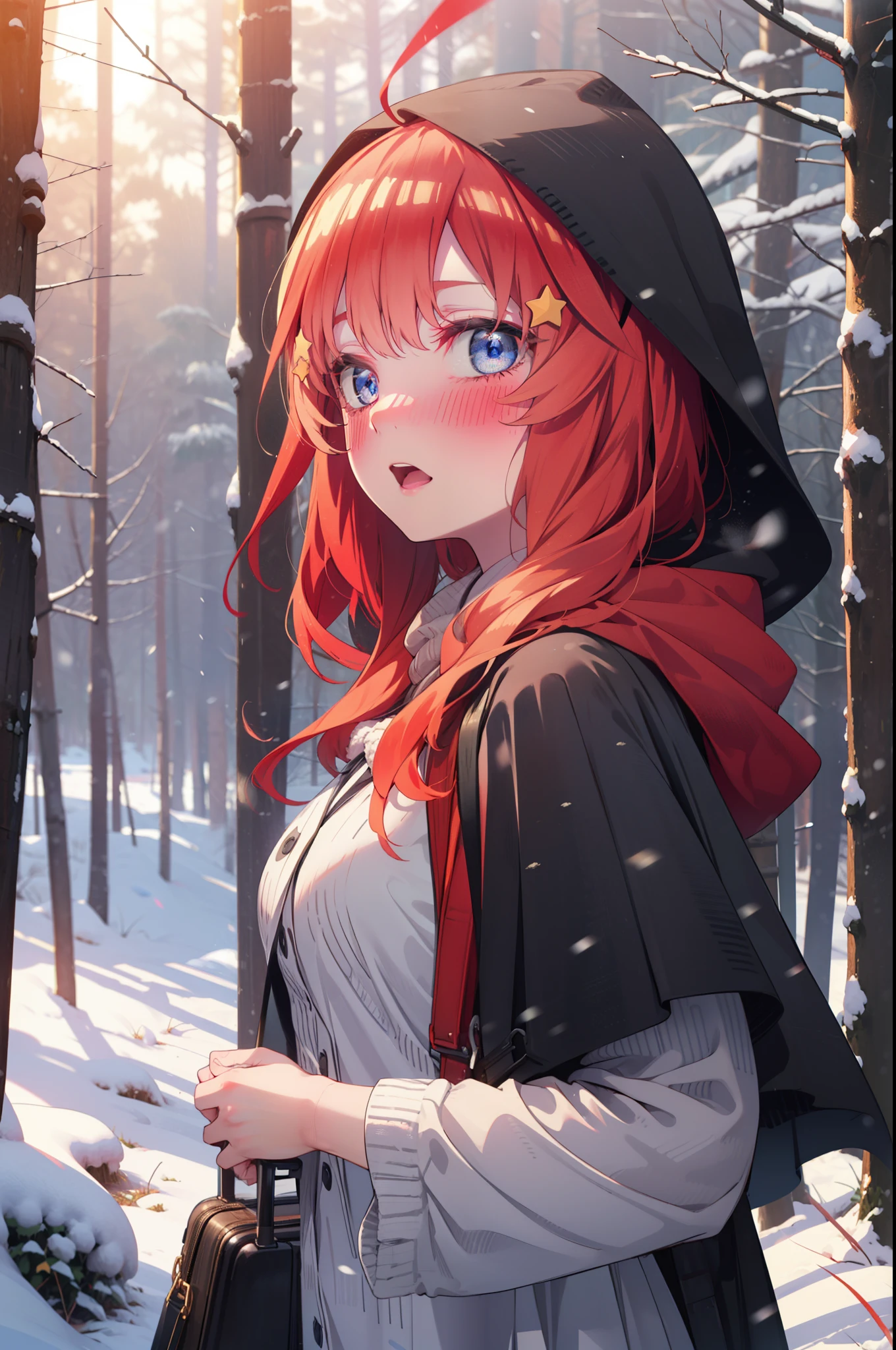 itsukinakano, Itsuki Nakano, bangs, blue eyes, Hair between the eyes, Ahoge, Redhead, star \(symbol\), hair ornaments, star hair ornaments,smile,blush,White Breath,
Open your mouth,snow, fire, Outdoor, boots, snowing, From the side, wood, suitcase, Cape, Blurred, Increase your meals, forest, White handbag, nature,  Squat, Mouth closed, Hooded Cape, winter, Written boundary depth, Black shoes, red Cape break looking at viewer, Upper Body, whole body, break Outdoor, forest, nature, break (masterpiece:1.2), highest quality, High resolution, unity 8k wallpaper, (shape:0.8), (Beautiful and beautiful eyes:1.6), Highly detailed face, Perfect lighting, Highly detailed CG, (Perfect hands, Perfect ???????),