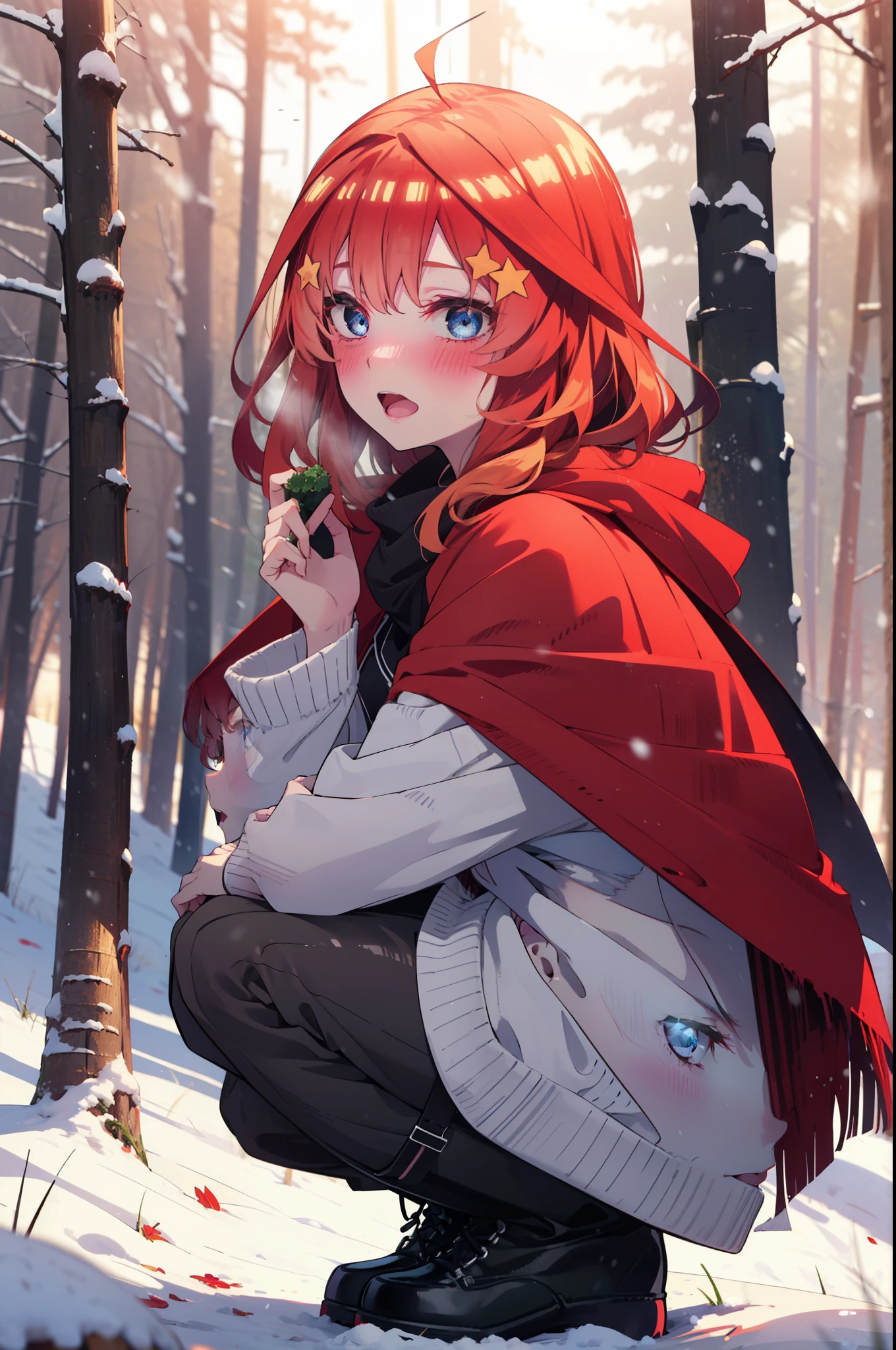 itsukinakano, Itsuki Nakano, bangs, blue eyes, Hair between the eyes, Ahoge, Redhead, star \(symbol\), hair ornaments, star hair ornaments,smile,blush,White Breath,
Open your mouth,snow, fire, Outdoor, boots, snowing, From the side, wood, suitcase, Cape, Blurred, Increase your meals, forest, White handbag, nature,  Squat, Mouth closed, Hooded Cape, winter, Written boundary depth, Black shoes, red Cape break looking at viewer, Upper Body, whole body, break Outdoor, forest, nature, break (masterpiece:1.2), highest quality, High resolution, unity 8k wallpaper, (shape:0.8), (Beautiful and beautiful eyes:1.6), Highly detailed face, Perfect lighting, Highly detailed CG, (Perfect hands, Perfect Anatomy),