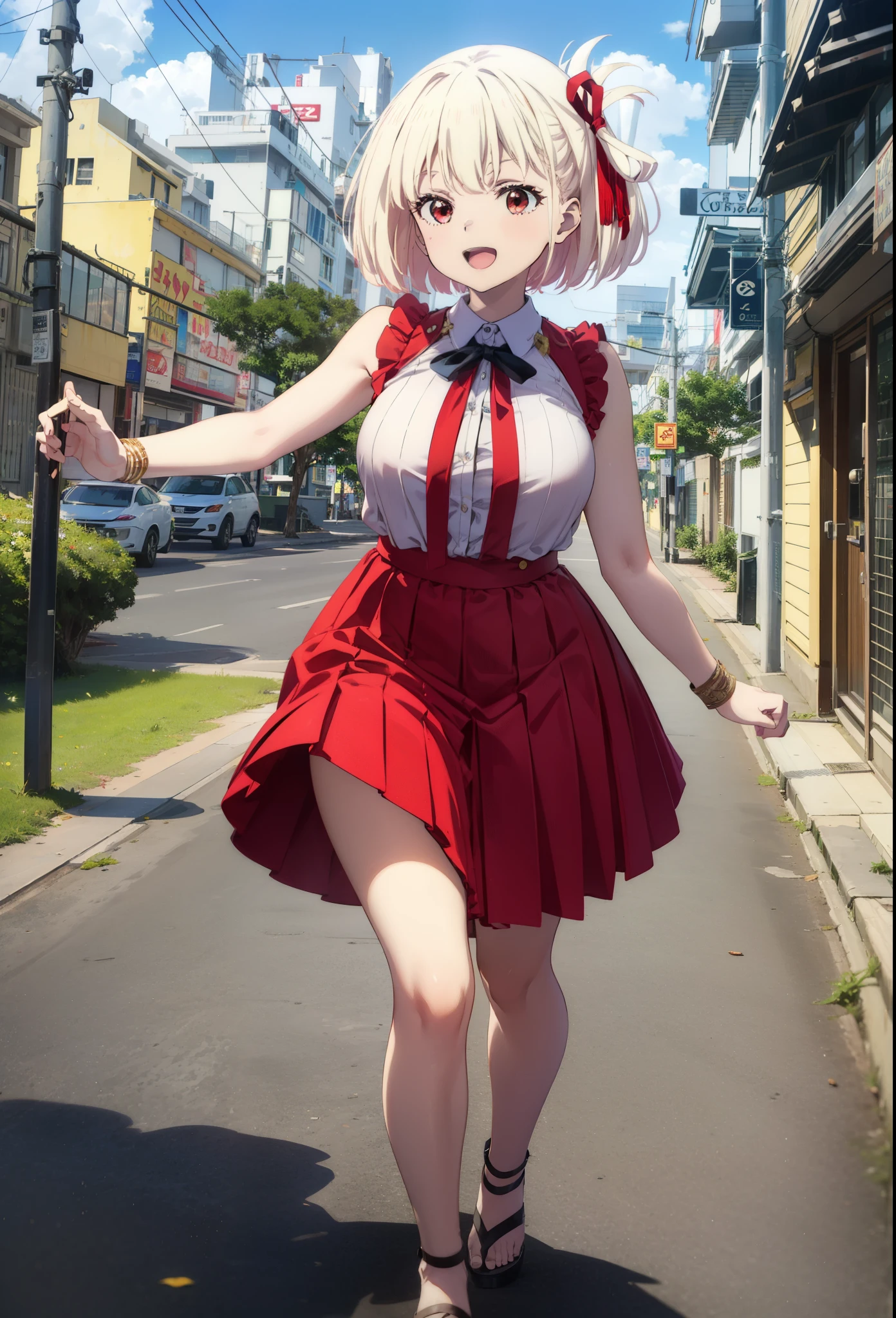 chisatonishikigi, Chisato Nishikigi, short hair, bangs, blonde, (Red eyes:1.5), Hair Ribbon, One side up, Bobcut,happy smile, smile, Open your mouth,
Open your mouth, Red sleeveless dress,Bare arms,Red long skirt,Cute Sandals,whole bodyがイラストに入るように,Walking,Daytime,sunny, walk,Looking up from below,break looking at viewer,whole body,break outdoors, In town,Coastal Road, break (masterpiece:1.2), highest quality, High resolution, unity 8k wallpaper, (shape:0.8), (Beautiful details:1.6), Highly detailed face, Perfect lighting, Extremely detailed CG, (Perfect hands, Perfect Anatomy),