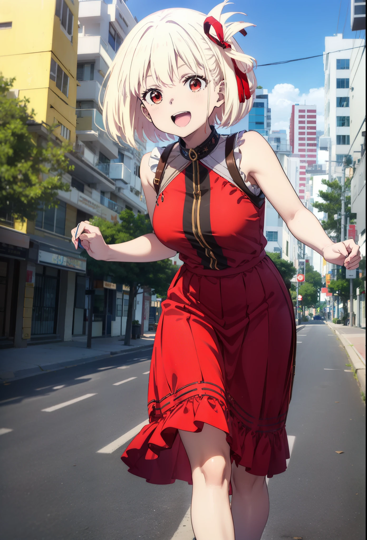 chisatonishikigi, Chisato Nishikigi, short hair, bangs, blonde, (Red eyes:1.5), Hair Ribbon, One side up, Bobcut,happy smile, smile, Open your mouth,
Open your mouth, Red sleeveless dress,Bare arms,Red long skirt,Cute Sandals,whole bodyがイラストに入るように,Walking,Daytime,sunny, walk,Looking up from below,break looking at viewer,whole body,break outdoors, In town,Coastal Road, break (masterpiece:1.2), highest quality, High resolution, unity 8k wallpaper, (shape:0.8), (Beautiful details:1.6), Highly detailed face, Perfect lighting, Extremely detailed CG, (Perfect hands, Perfect Anatomy),